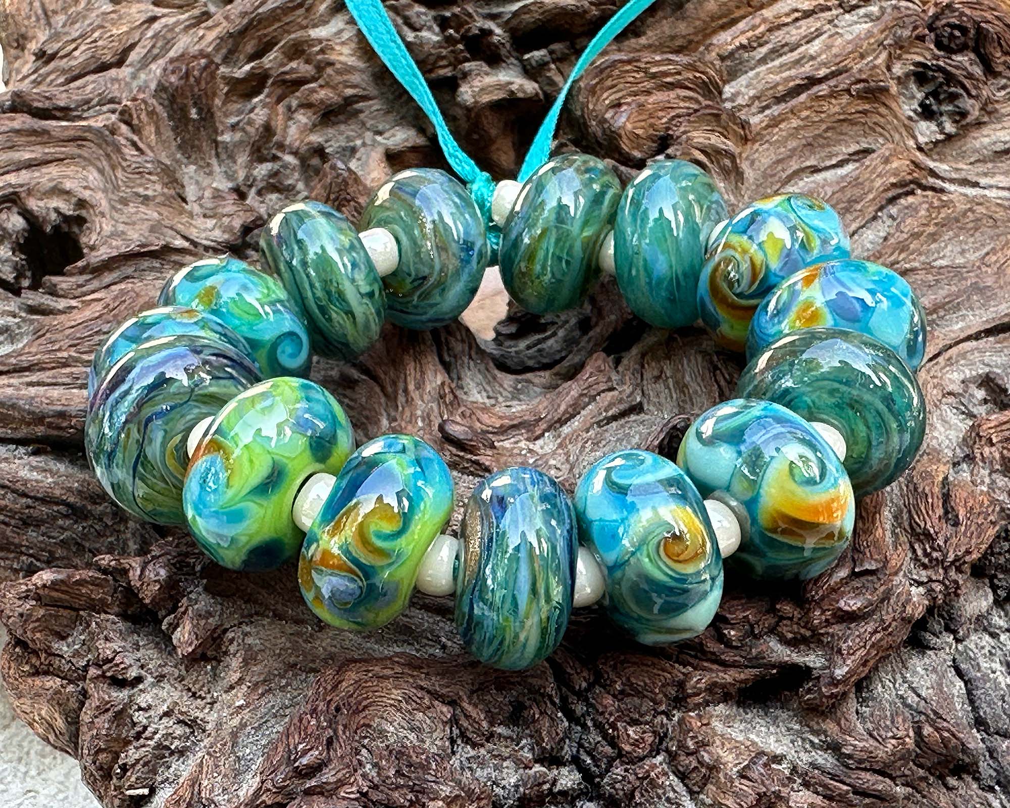 Handmade Teal Green Swirls Lampwork Glass Beads Set - 50pcs for Jewelry Making, DIY Crafts, Bracelets & Necklaces - Perfect for Beaders and Artisans