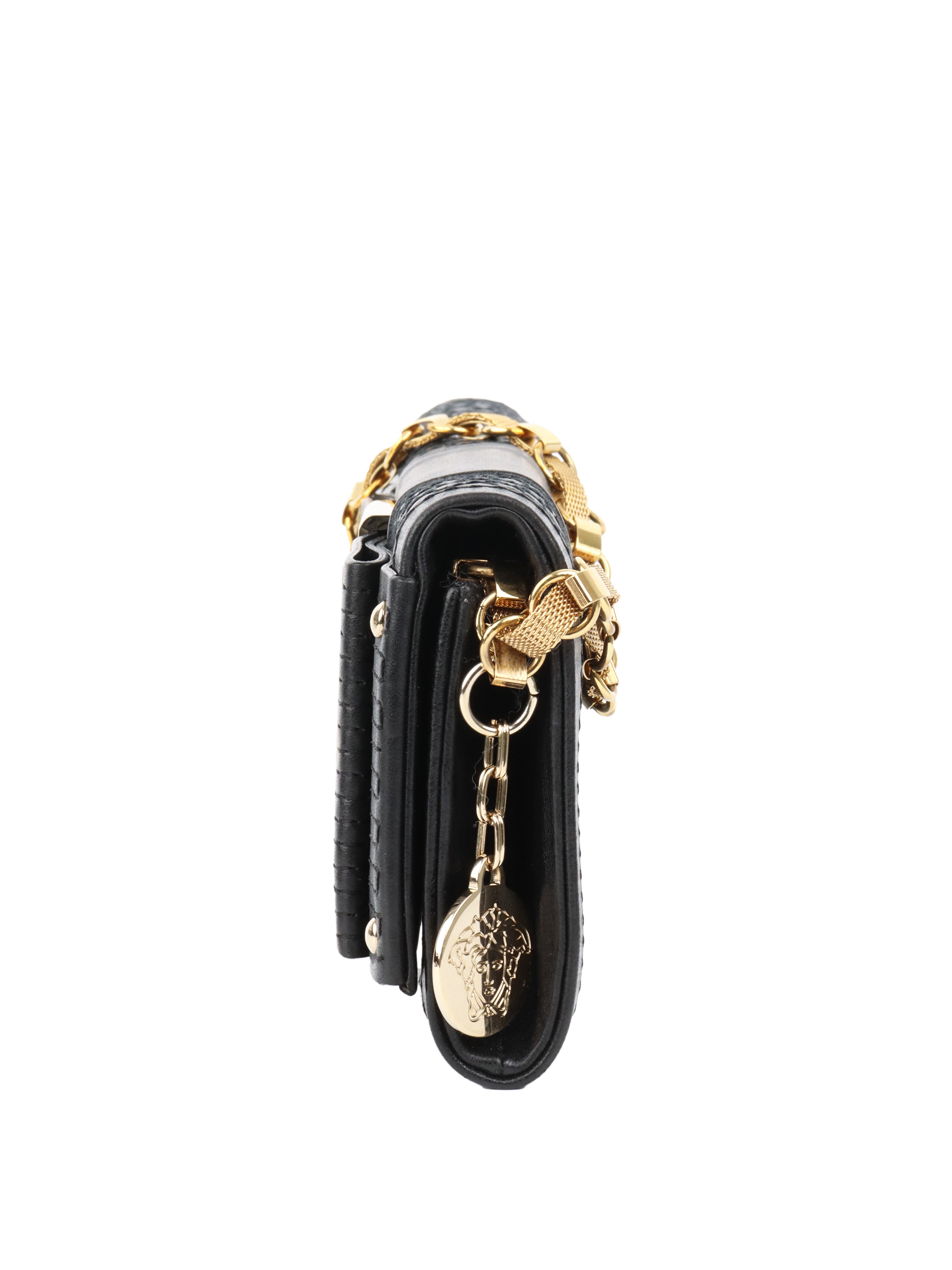 Versace Black Leather Slim Clutch Purse for Women - Elegant Evening Bag for Parties, Weddings & Special Occasions
