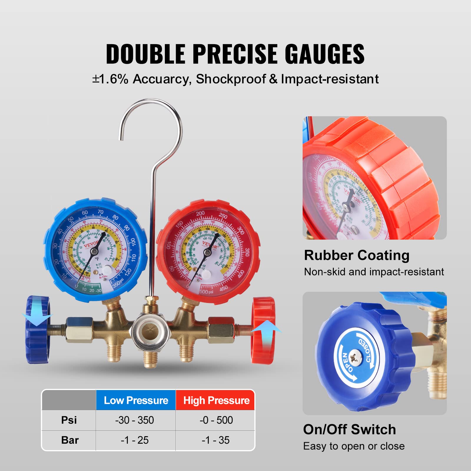 VEVOR 3-Way AC Manifold Gauge Set for R134A R22 R12 R502 Refrigerant - Professional Automotive Freon Charging Kit with 5ft Hoses, Couplers & Can Tap - Perfect for Car AC Repair, Maintenance and Evacuation