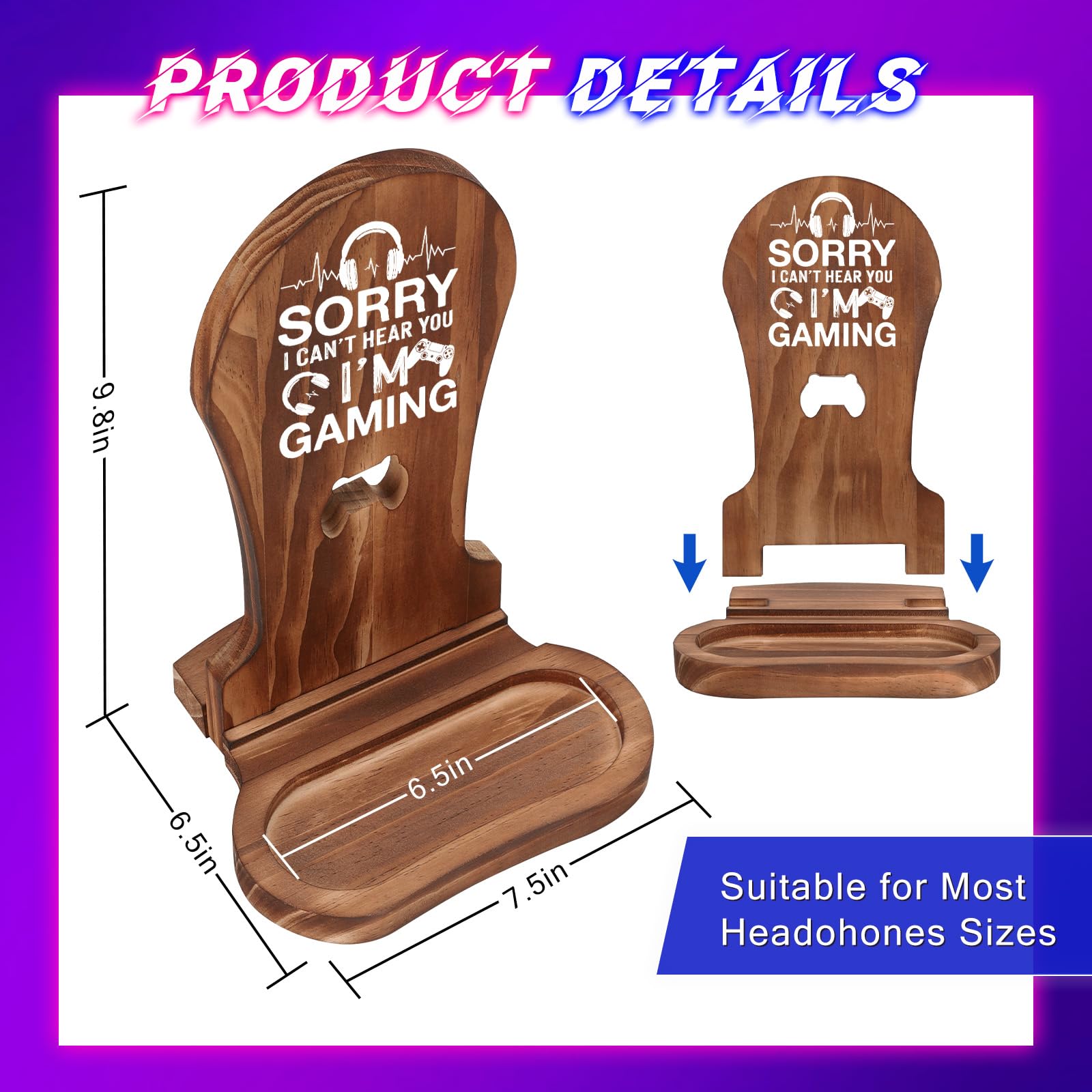 Premium Wooden Gaming Headset Stand - Perfect Gamer Gift for Teen Boys, Men, Boyfriends & Husbands - Gaming Room Decor & Headphone Holder - Ideal for PC, PS5, Xbox Setup - 'Sorry I Can't Hear You I'm Gaming' Funny Gift
