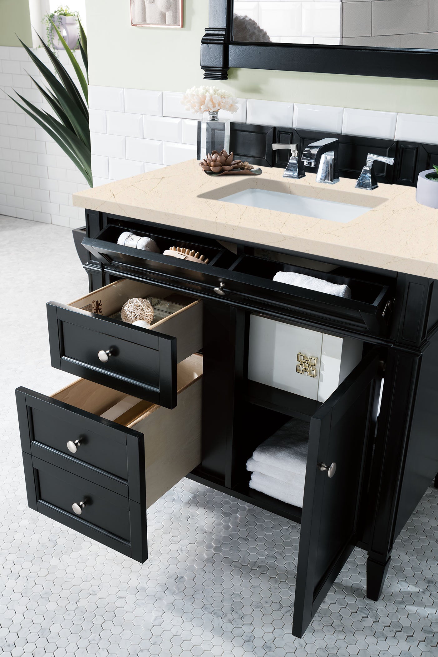 Brittany 36-Inch Black Onyx Bathroom Vanity with 3CM Eternal Marfil Quartz Countertop - Modern Single Sink Vanity for Master Bathroom & Powder Room Renovation