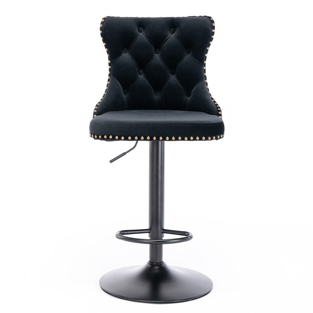 Adjustable Height Swivel Bar Stool with Velvet Upholstery & Nailhead Trim - Footrest Included - Perfect for Kitchen Islands, Home Bars & Dining Counter Seating