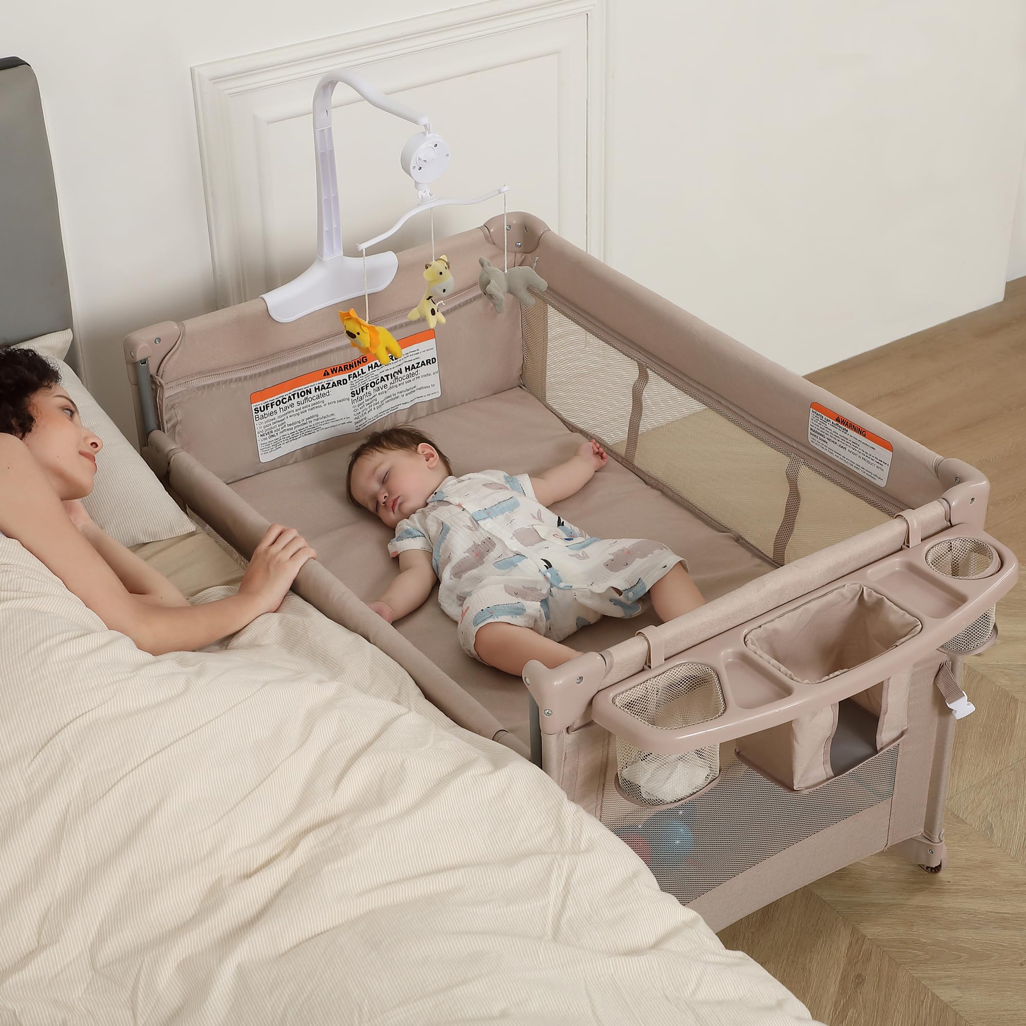 5-in-1 Baby Playard with Bassinet & Changing Table - Portable Foldable Travel Crib for Newborn to Toddler - Bedside Sleeper & Playpen for Nursery, Bedroom & Travel (Beige)