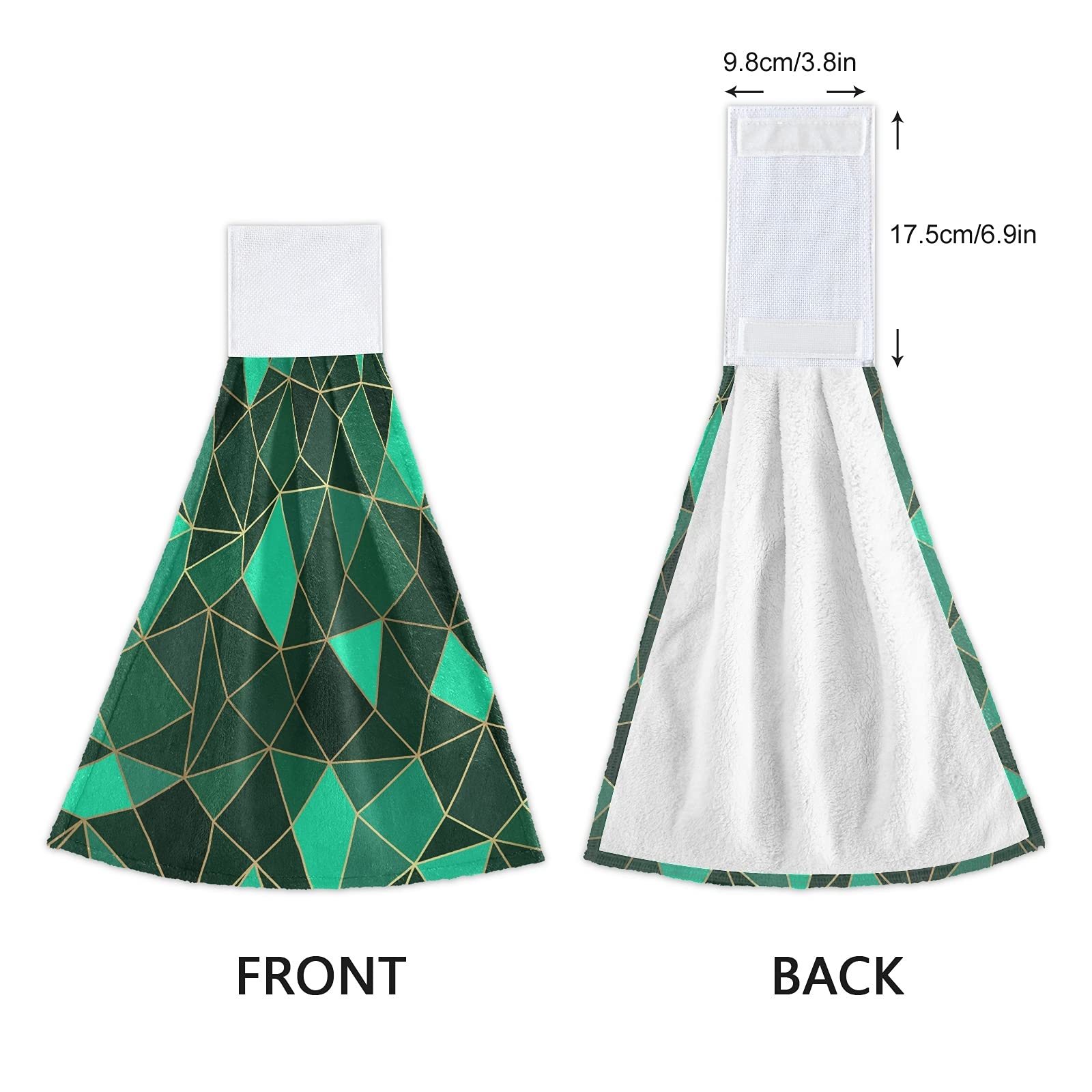 Poeticcity Luxury Emerald Geometric Diamond Gold & Green 2-Piece Kitchen Hand Towel Set with Hook & Loop - Absorbent Hanging Dishcloths for Tea Bar, Bath & Decorative Use
