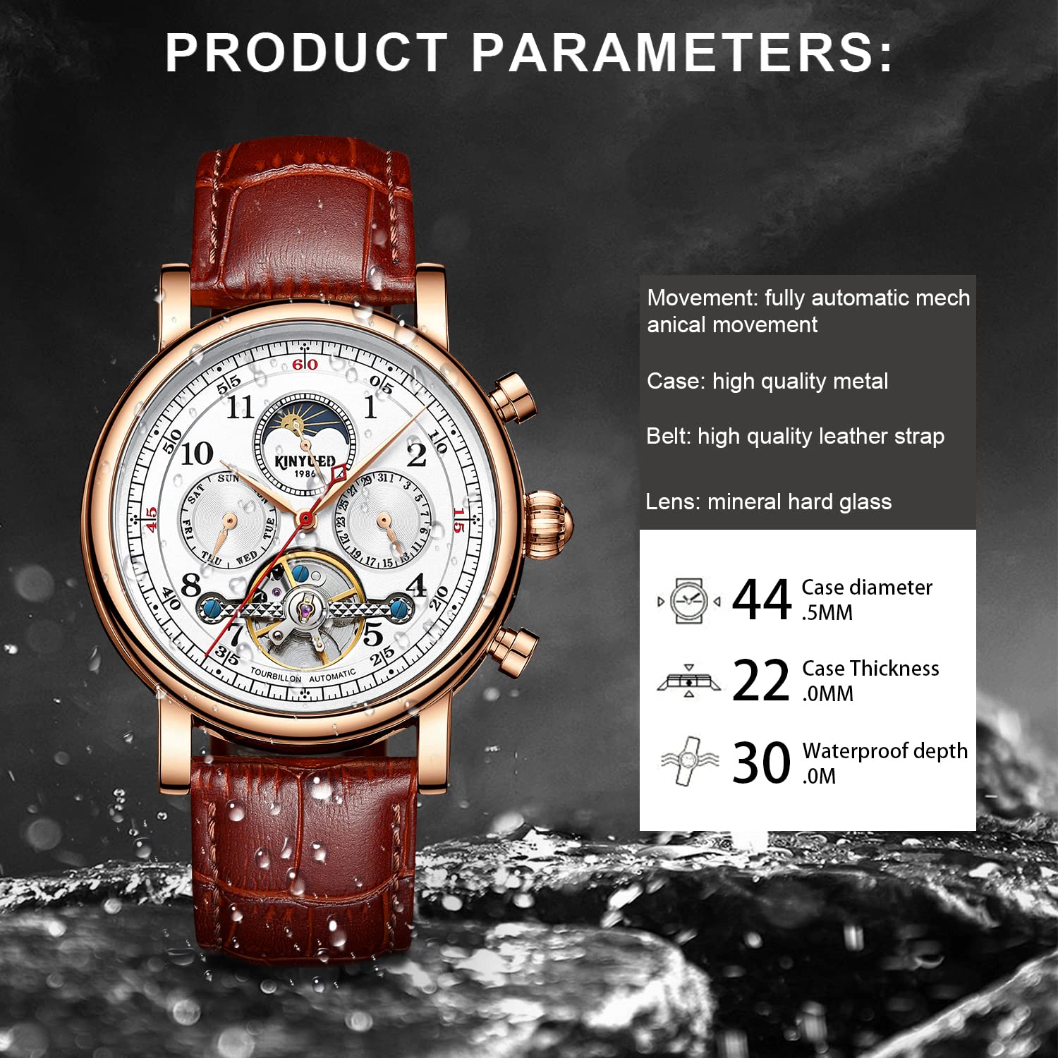 IK COLOURING Men's Mechanical Skeleton Watch - 44mm Automatic Self-Wind Wristwatch with Calendar, Week Display, Moon Phase & Tourbillon | Perfect for Business, Formal Events & Luxury Gift Giving