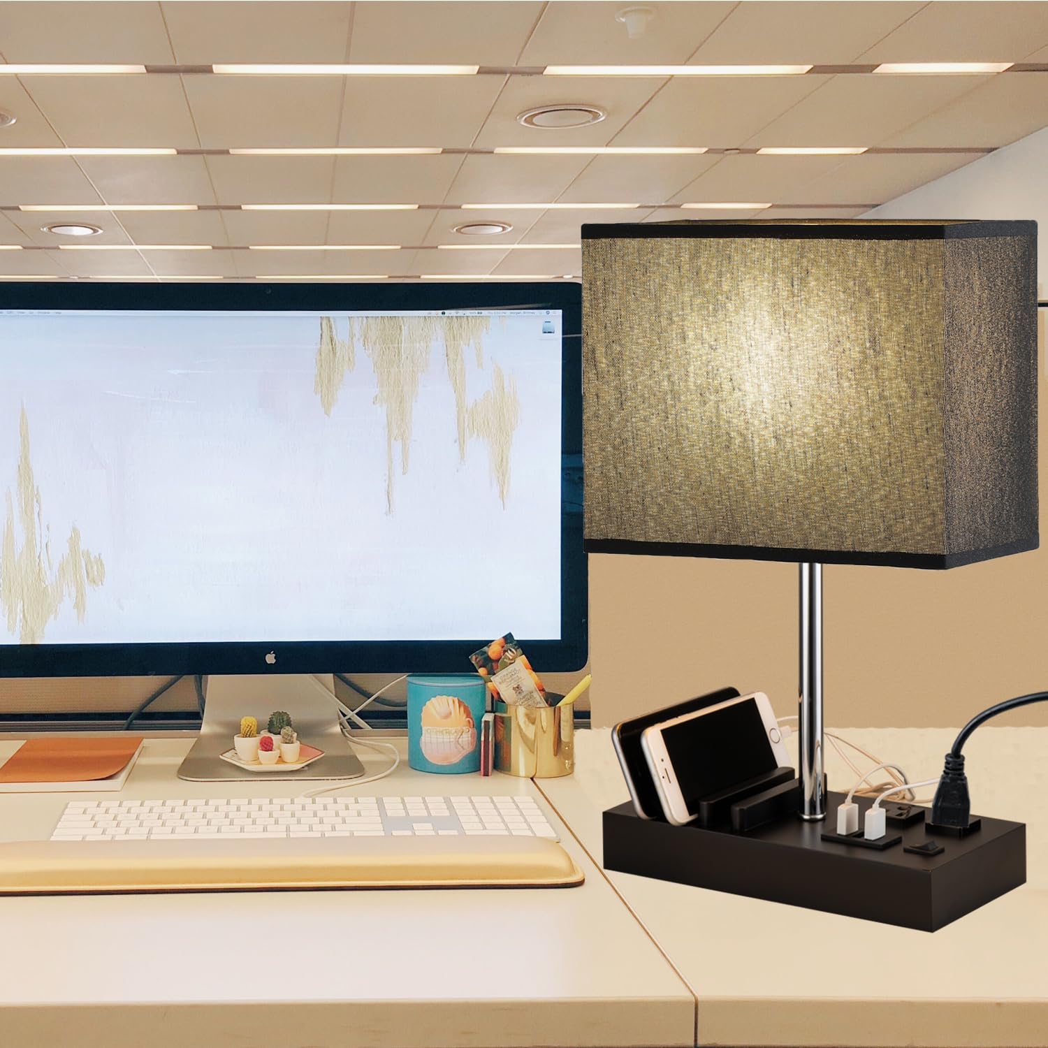 Briever USB Table Lamp with 2 AC Outlets & 3 USB Ports - Multi-Functional Bedside Desk Lamp with Wooden Phone Stand - Modern Nightstand Lamp for Bedroom, Office, Dorm - Black Shade (Perfect for Reading, Charging Devices & Organizing Small Spaces)