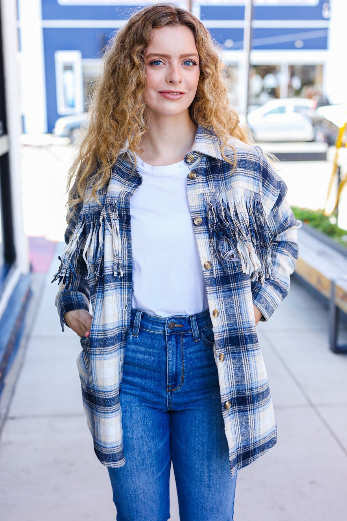 Boldly You Navy Plaid Fringe Button Down Shacket - Stylish Overshirt for Women | Fall & Winter Layering Essential | Perfect for Casual Outings, Workwear & Outdoor Adventures