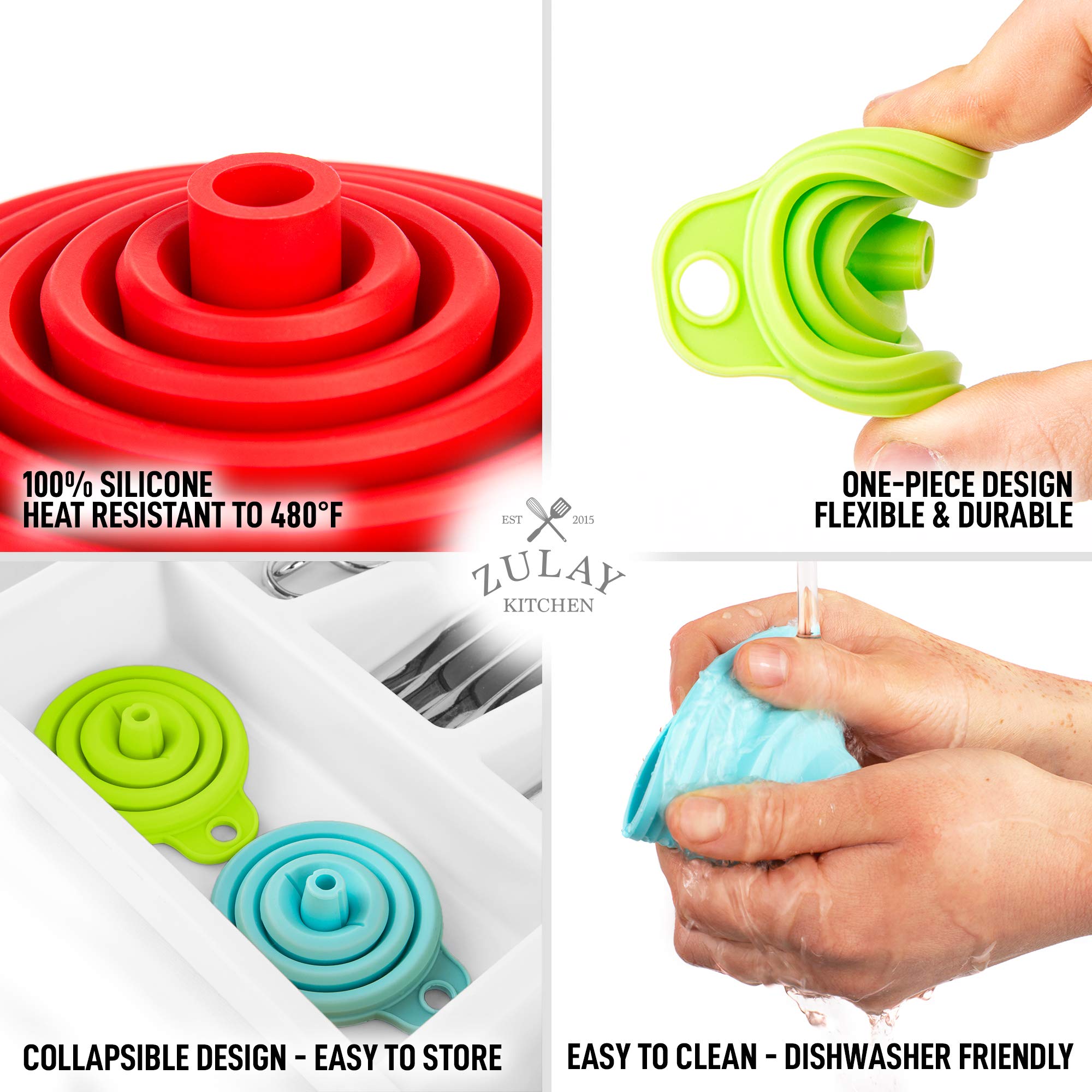 Zulay Premium Silicone Funnel Set of 4 (2 Small + 2 Large) - Collapsible Space Saving Kitchen Funnels with Narrow Mouth for Liquids, Oils, Sauces - Flexible & Durable for Bottle Filling, Baking, Canning, Home Brewing & DIY Projects