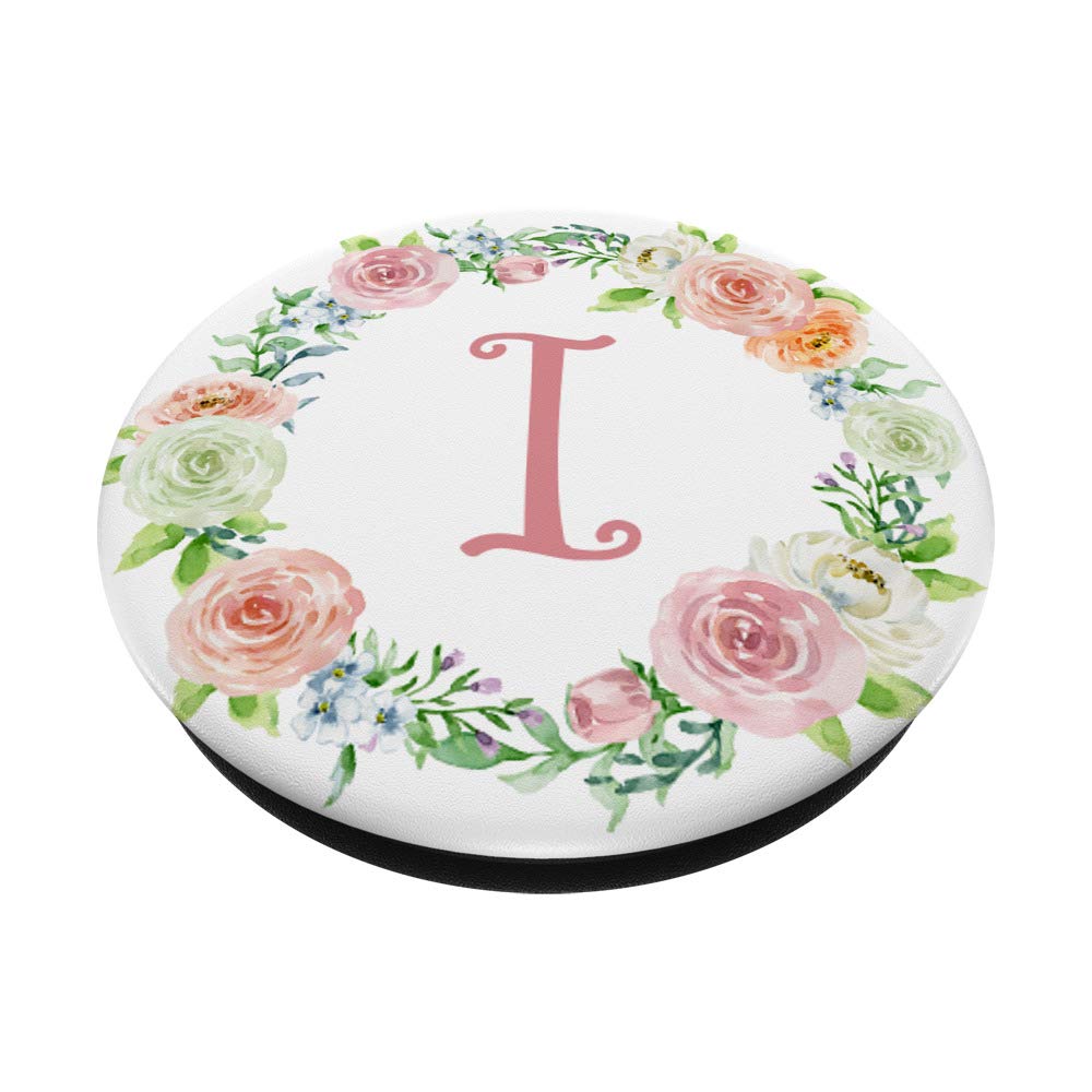 Rose Flower Monogram Letter I on White Floral Wreath PopSockets PopGrip - Swappable Phone Grip for iPhone, Samsung & Tablets | Perfect for Everyday Use, Gifts & Phone Protection