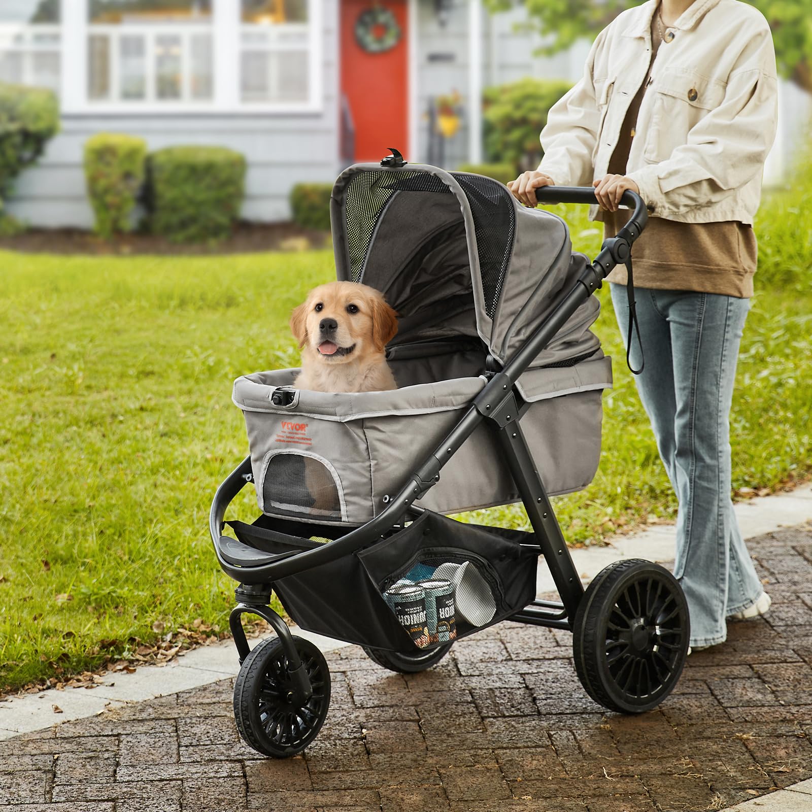 VEVOR Heavy Duty Pet Stroller for Large Dogs & Cats up to 75lbs - 3-Wheel Folding Dog & Cat Carrier with Storage Basket, Adjustable Handle & Ventilated Canopy - Perfect for Jogging, Shopping & Outdoor Adventures