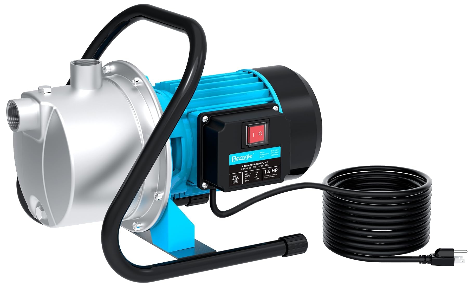 1.5HP 1200GPH Portable Water Transfer Pump - Shallow Well Jet Pump with 13FT Power Cord for Lawn Irrigation, Pool Draining, Fountain & Sprinkler Boosting | Self Priming Utility Pump for Home, Farm & Garden Water Transfer