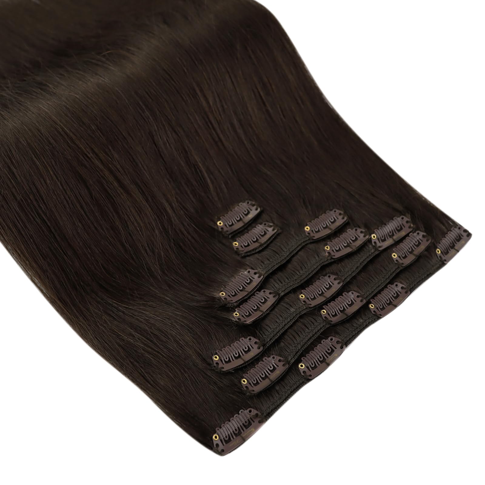 Ve Sunny Clip-in Human Hair Extensions Dark Brown 22inch 120g 7pcs - Remy Human Hair Weft for Wedding, Party & Daily Styling - Natural Looking Darkest Brown Hair Extensions for Volume & Length