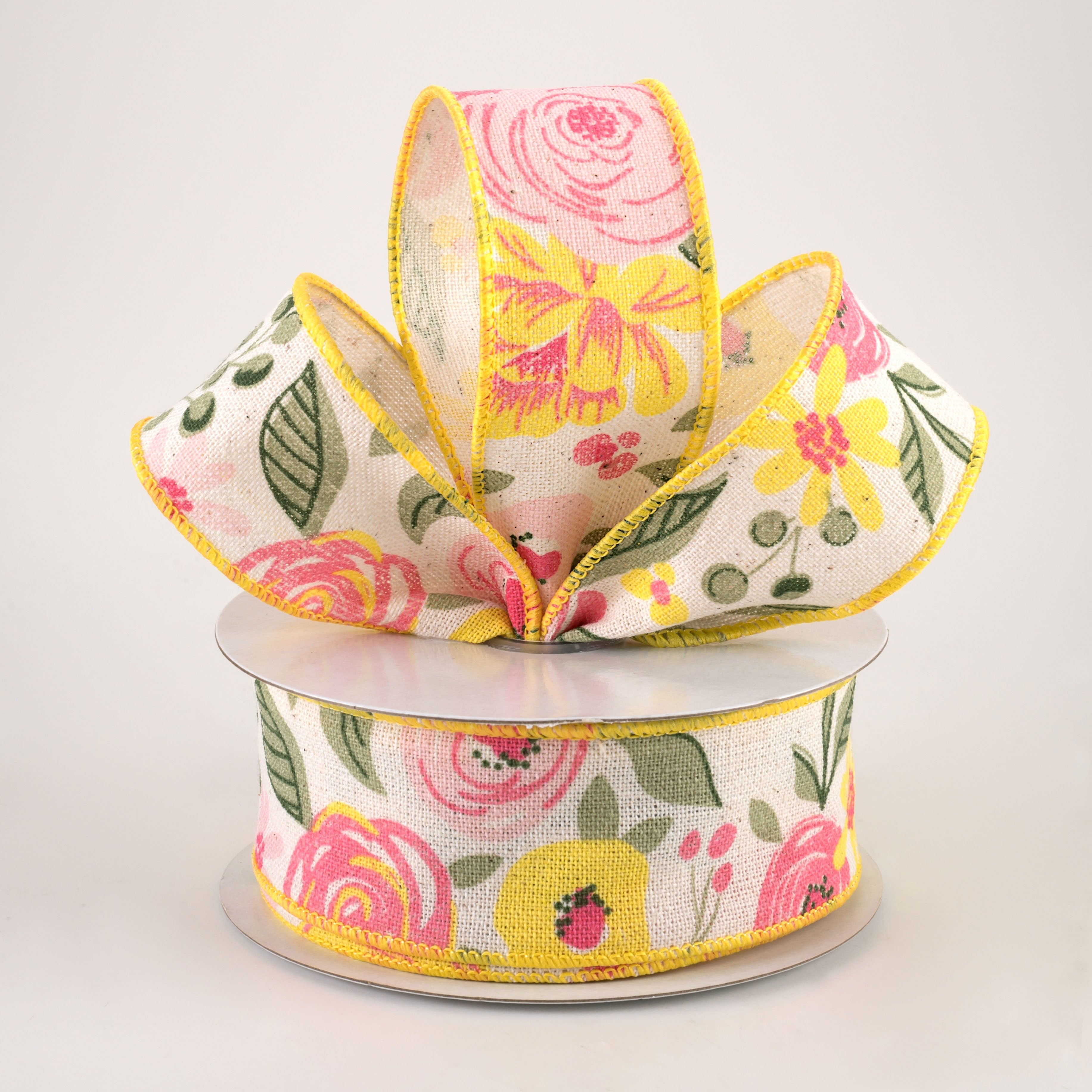 1.5 Inch Bold Blooms Cotton Ribbon - Pink, Yellow, Sage Green (10 Yards) for Gift Wrapping, DIY Crafts, Scrapbooking & Home Decor