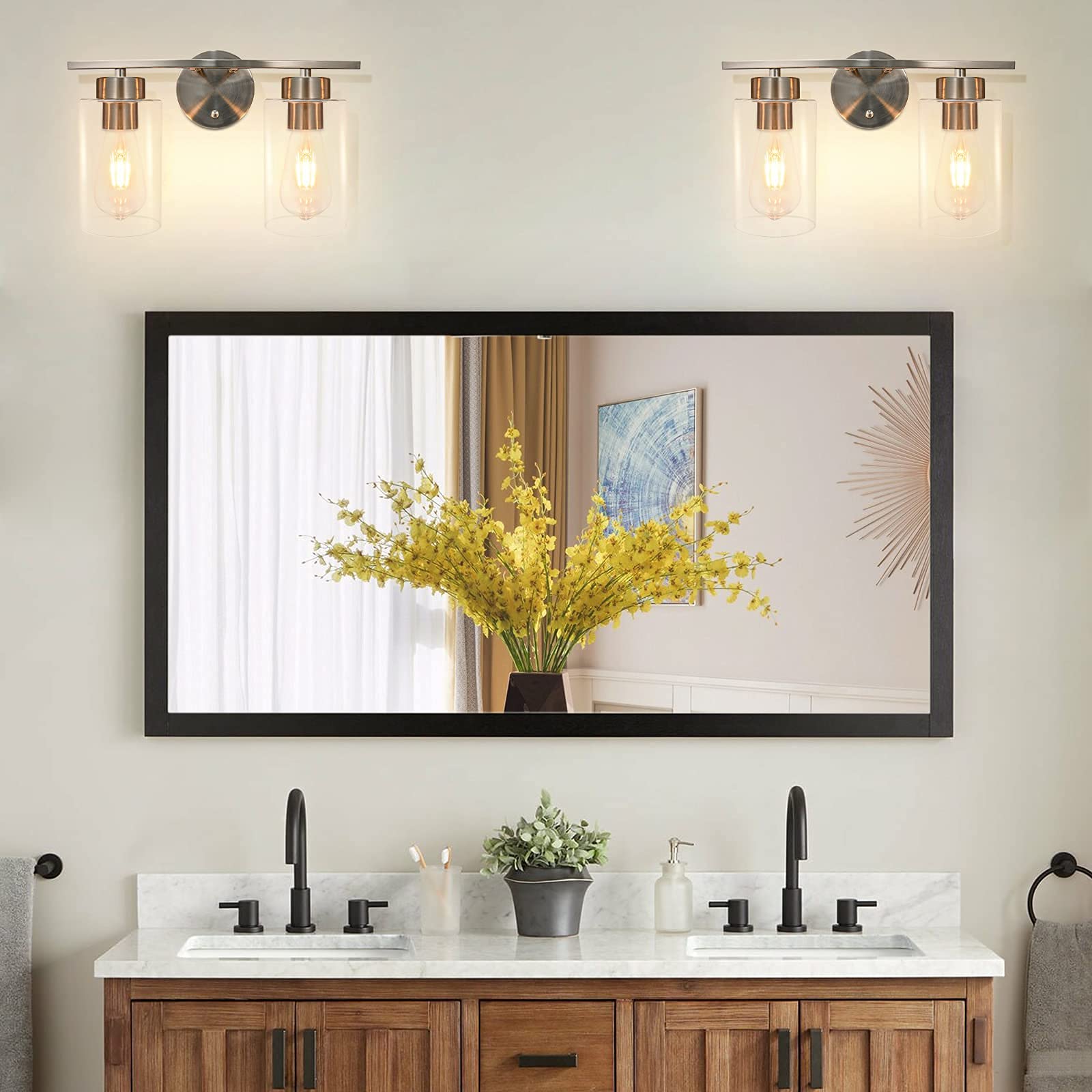 Modern 2-Light Bathroom Vanity Wall Sconce - Brushed Nickel Finish with Glass Shade - Perfect for Bathroom Mirror Lighting, Kitchen, Living Room & Bedroom Décor - Energy Efficient & Stylish Home Lighting Solution