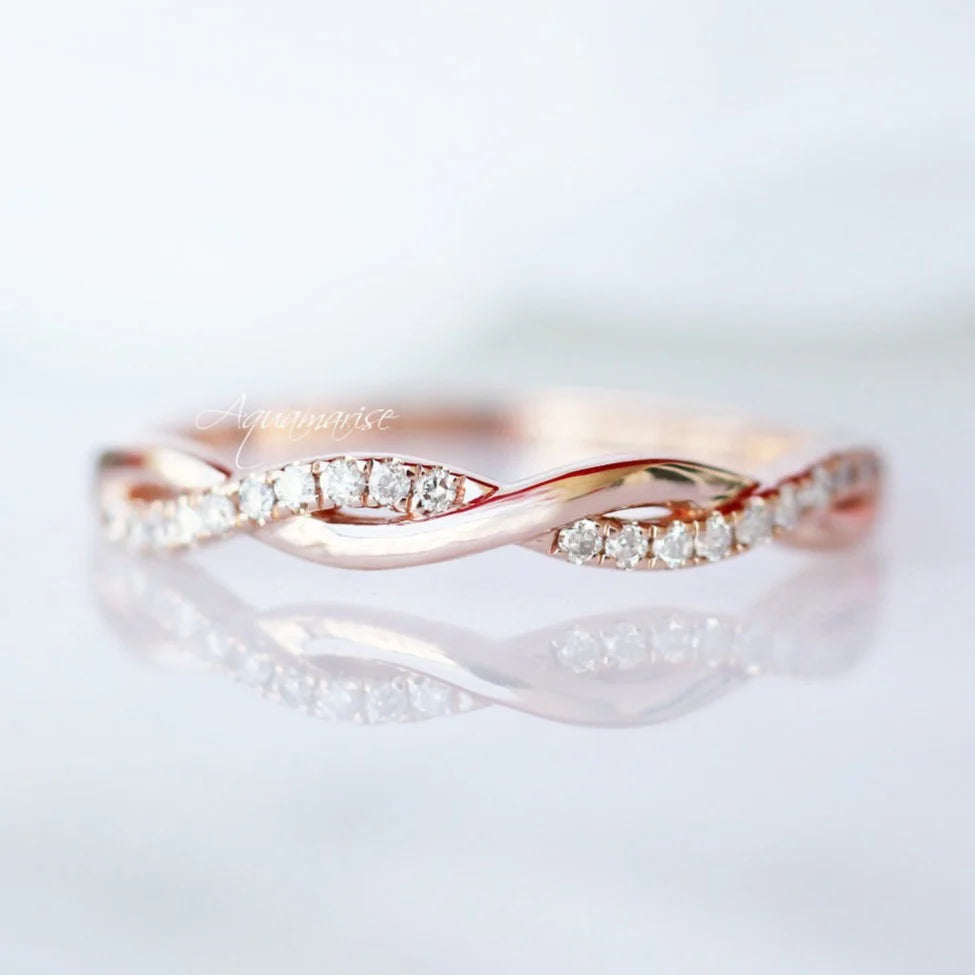 14K Rose Gold Vermeil Petite Twisted Vine Diamond Band Ring - Elegant Stackable Jewelry for Weddings, Anniversaries & Everyday Wear