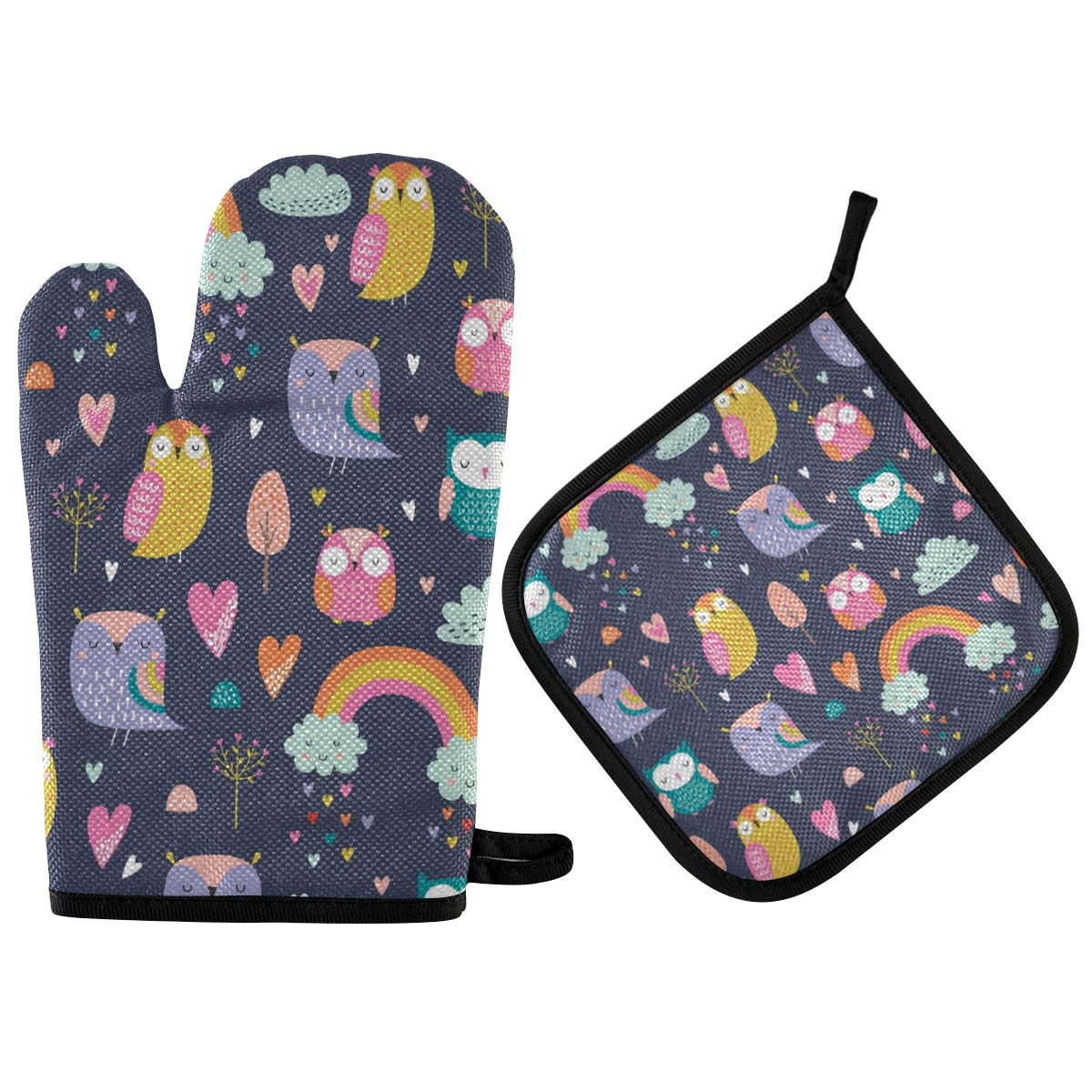 Qilmy Owl Floral Oven Mitts & Pot Holders Set - Heat Resistant Kitchen Gloves for Baking, BBQ, Grilling & Microwave - Non-Slip Counter Safe Mats for Cooking & Food Handling