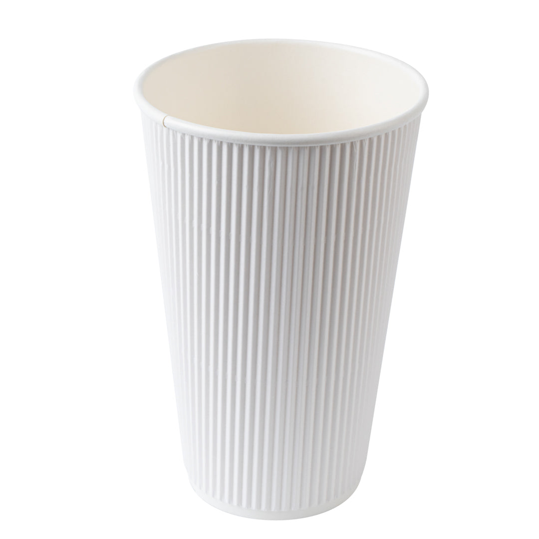16 oz White Paper Ripple Wall Coffee Cups with White Lids - 200 Count Box (3.5