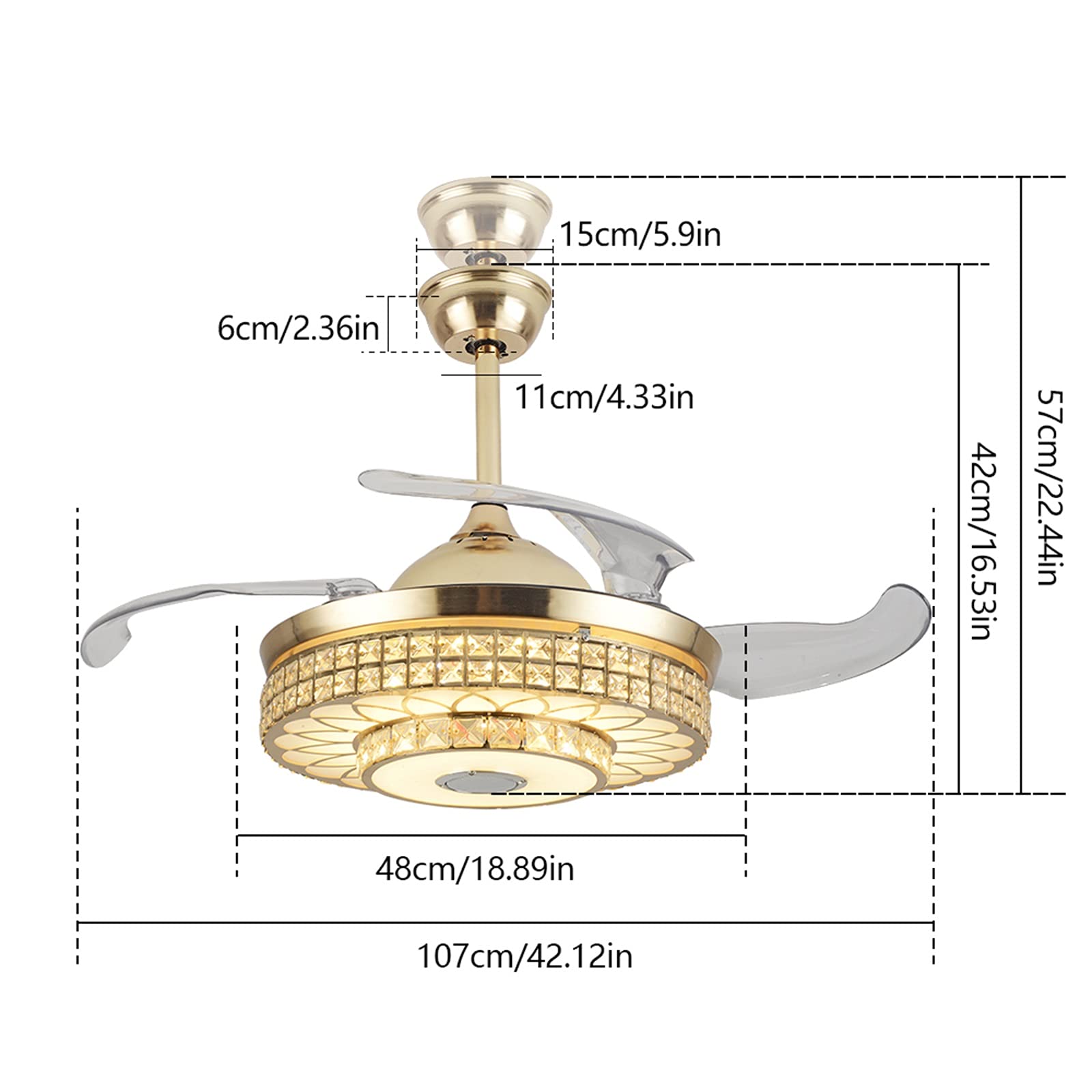 TFCFL 42 Inch Smart Bluetooth Ceiling Fan with Crystal Chandelier Light, Built-in Speaker for Music, 7 Color LED Lighting, Retractable Blades, 3 Speed Settings - Perfect for Bedroom, Dining Room & Living Room (Gold)