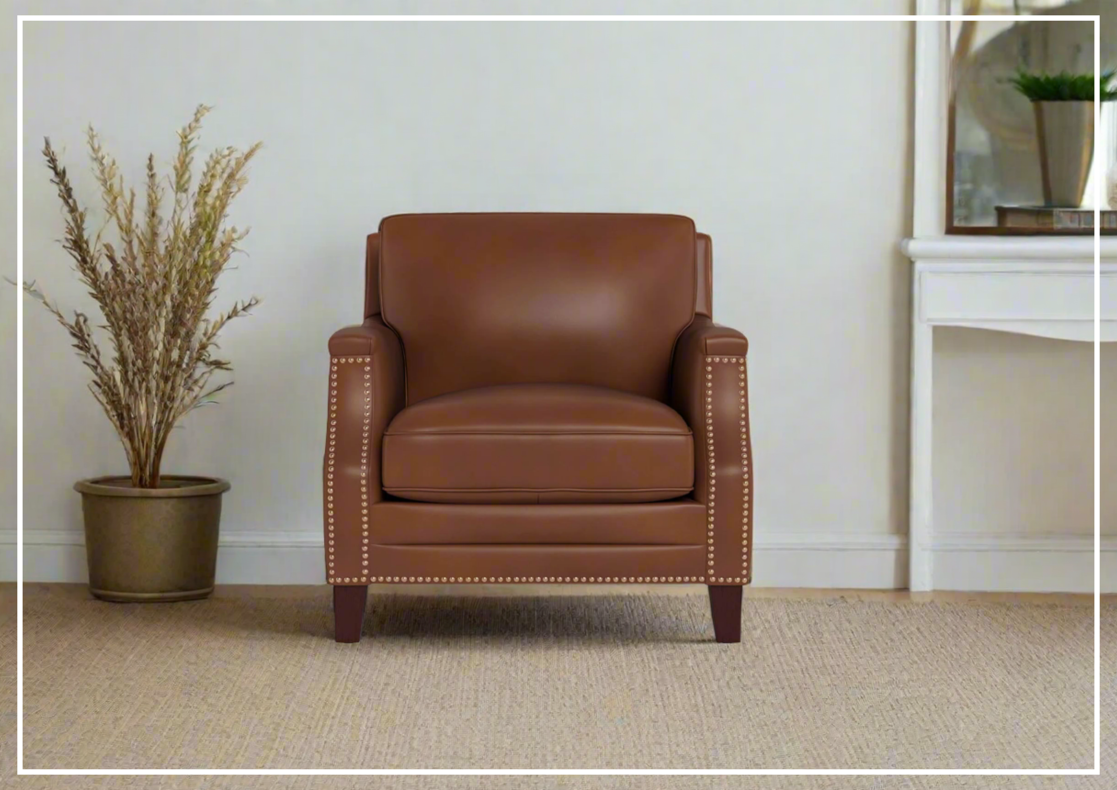 Premium Brown Leather Armchair with Nailhead Trim - Hydeline Camano Collection - Luxurious Home Office & Living Room Seating