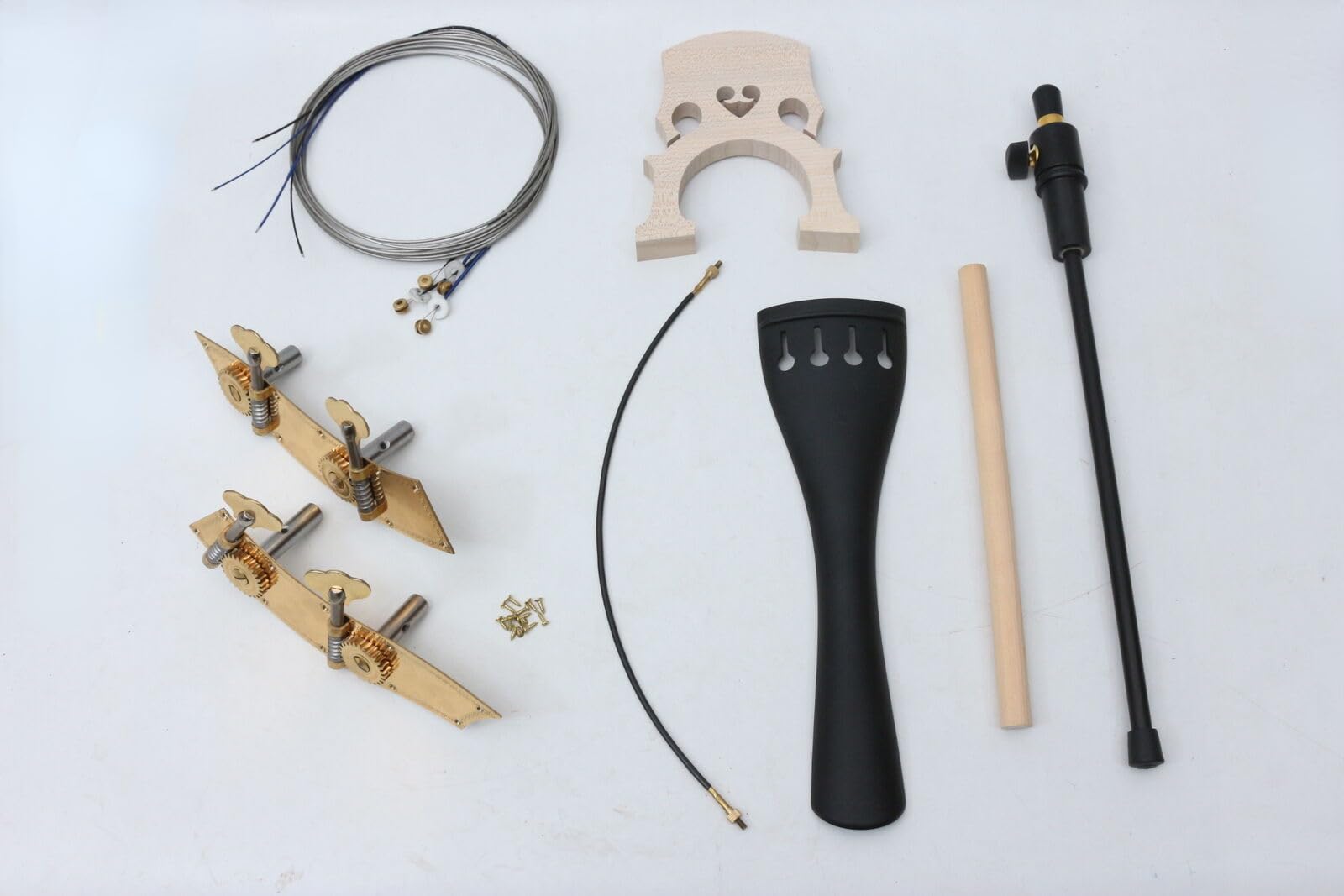 3/4 Upright Bass Parts & Accessories Set - Brass Pegs, Tailpiece, Maple Bridge, Carbon Fiber Endpin & Strings | Replacement & Repair Tools Kit (Peg-Style2) for Professional Musicians & Orchestra Performances