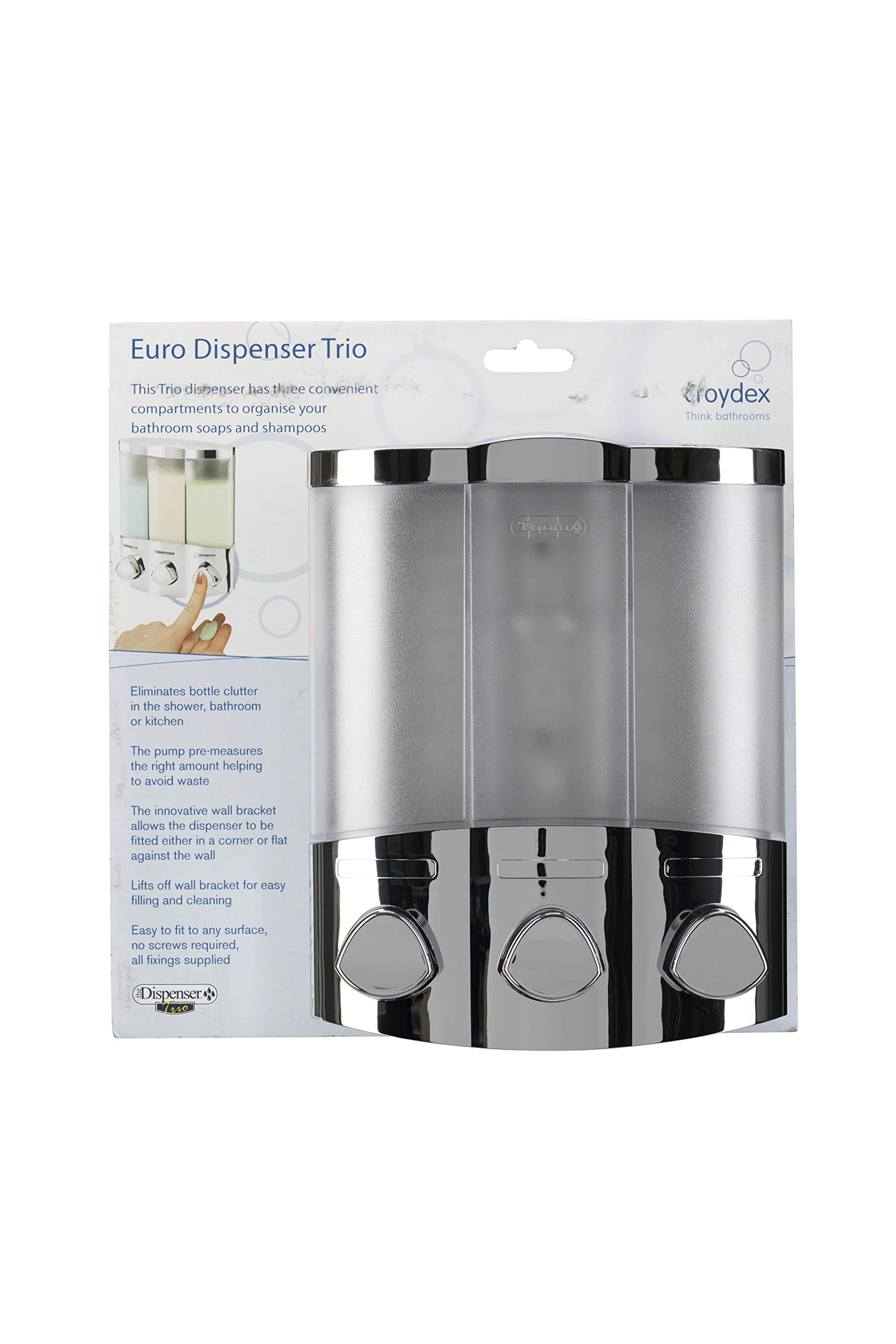 Croydex Euro Soap Dispenser Trio Set - Chrome Finish Bathroom Soap Dispenser for Kitchen, Bath, and Guest Room Decor