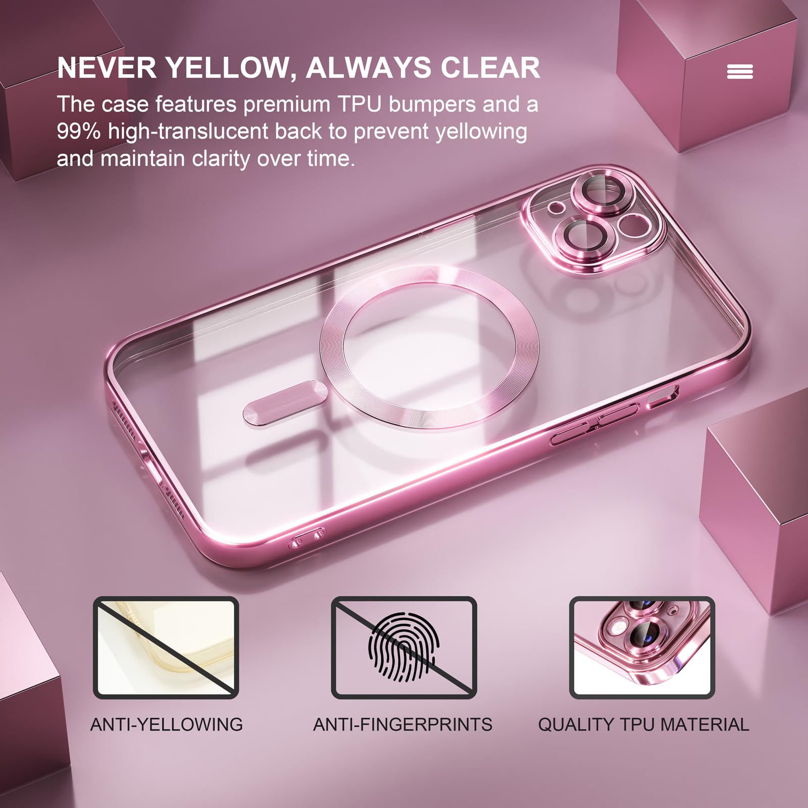 Misea Magnetic Clear iPhone 15 Case with MagSafe Compatibility | Anti-Yellowing | Military-Grade Drop Protection | Full Camera Lens Cover | Soft TPU Protective Phone Case for Women & Girls (Pink) | Perfect for Everyday Use, Work, Travel & Outdoor Activities