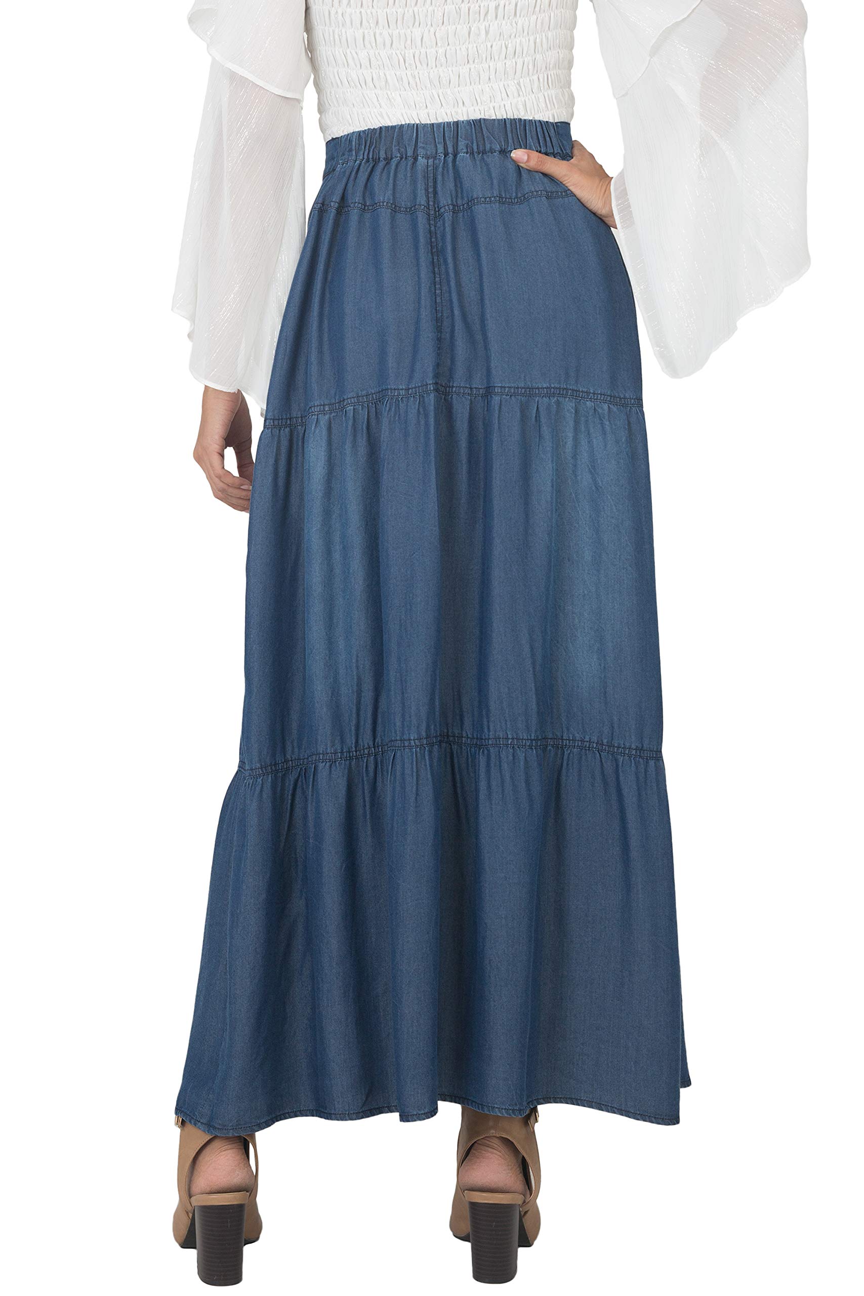 Women's Tencel Denim Maxi Peasant Skirt - Comfortable Boho Style Long Skirt for Summer | Perfect for Beach, Music Festivals & Casual Outings
