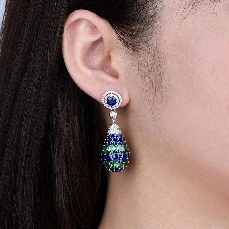 LOVERJEWELRY 18K White Gold Blue Sapphire & Tsavorite Diamond Drop Earrings for Women | Luxury Wedding & Party Jewelry | Elegant Evening Wear & Special Occasion Gift