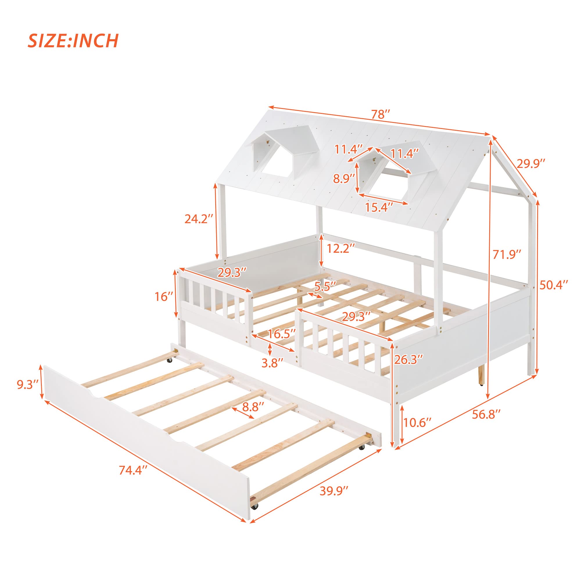 MERITLINE Full House Bed with Trundle - White Wooden Platform Bed Frame with Roof for Kids, Teens, Boys & Girls - Perfect for Small Bedrooms, Playrooms & Sleepovers