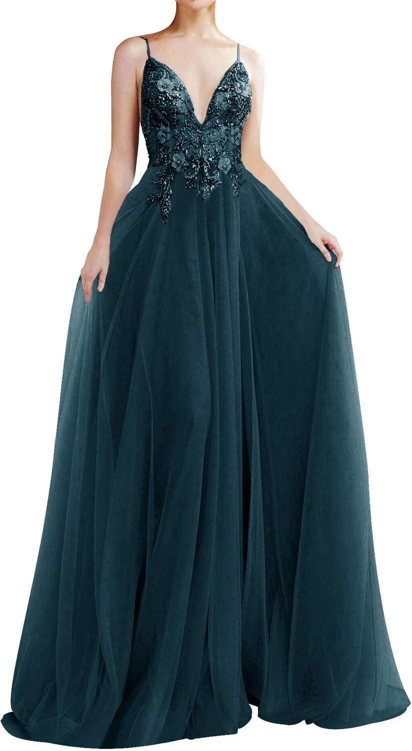 Elegant Long Tulle Prom Dress with Beaded Details - Formal Evening Gown for Women - Sleeveless V-Neck Ball Gown for Homecoming, Prom Night & Special Occasions