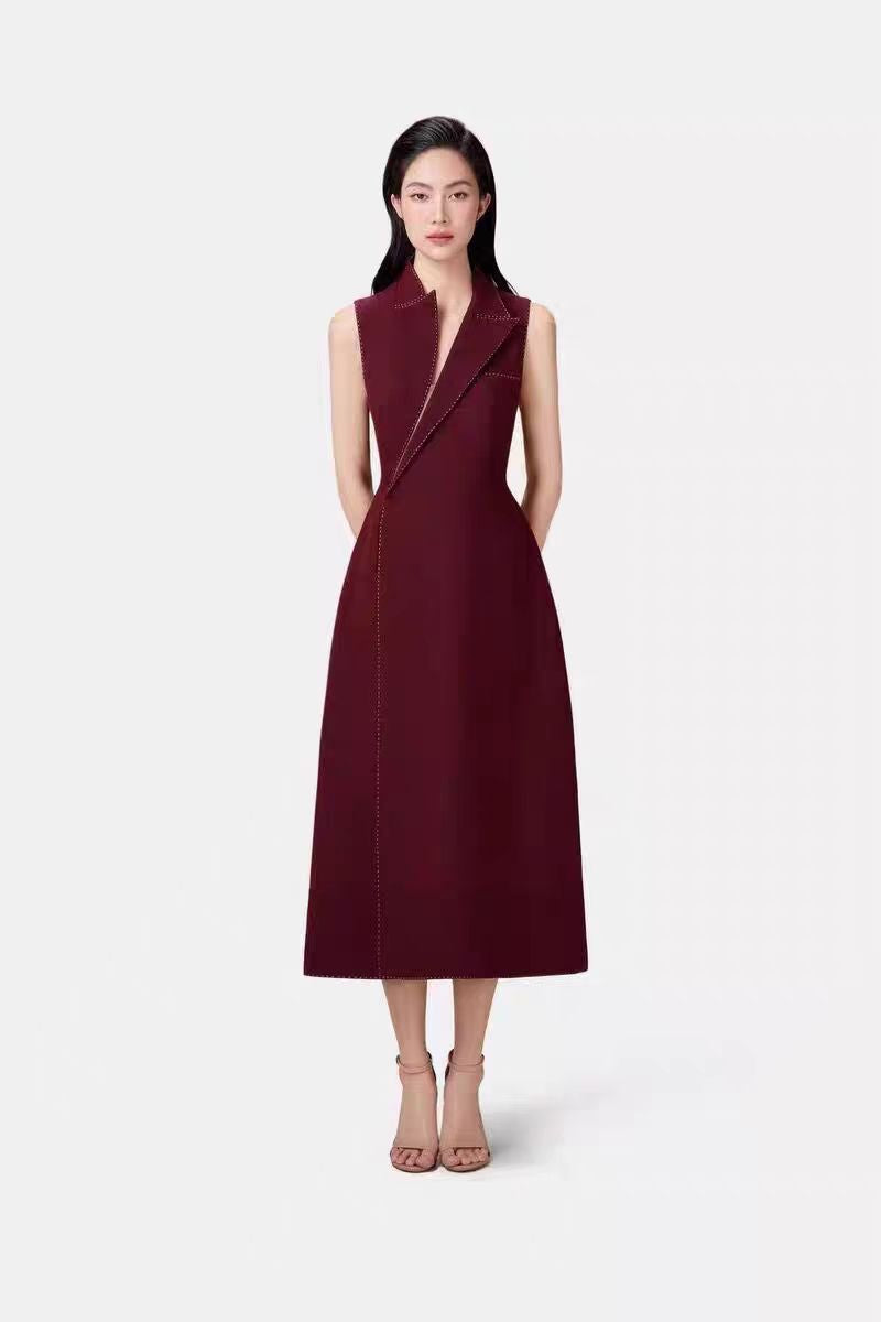 Elegant Red Asymmetric Collar Blazer Midi Dress for Women - Perfect for Office Wear, Cocktail Parties & Special Occasions