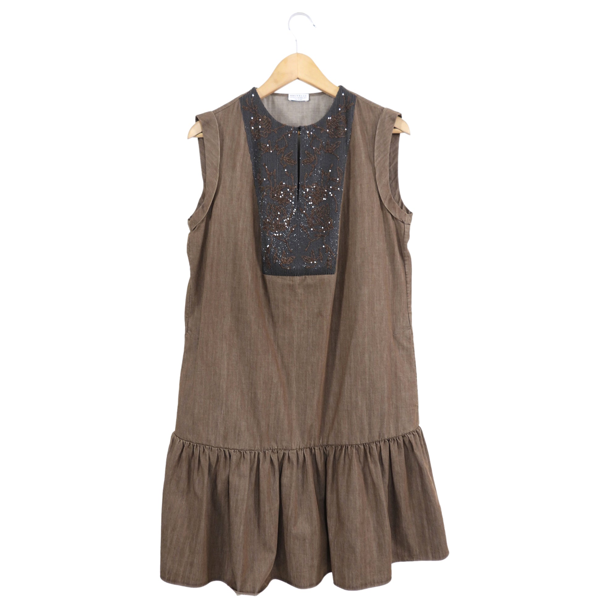 Brunello Cucinelli Brown Denim Sleeveless Beaded Dress - Elegant Boho Chic Summer Party Outfit for Women Size L