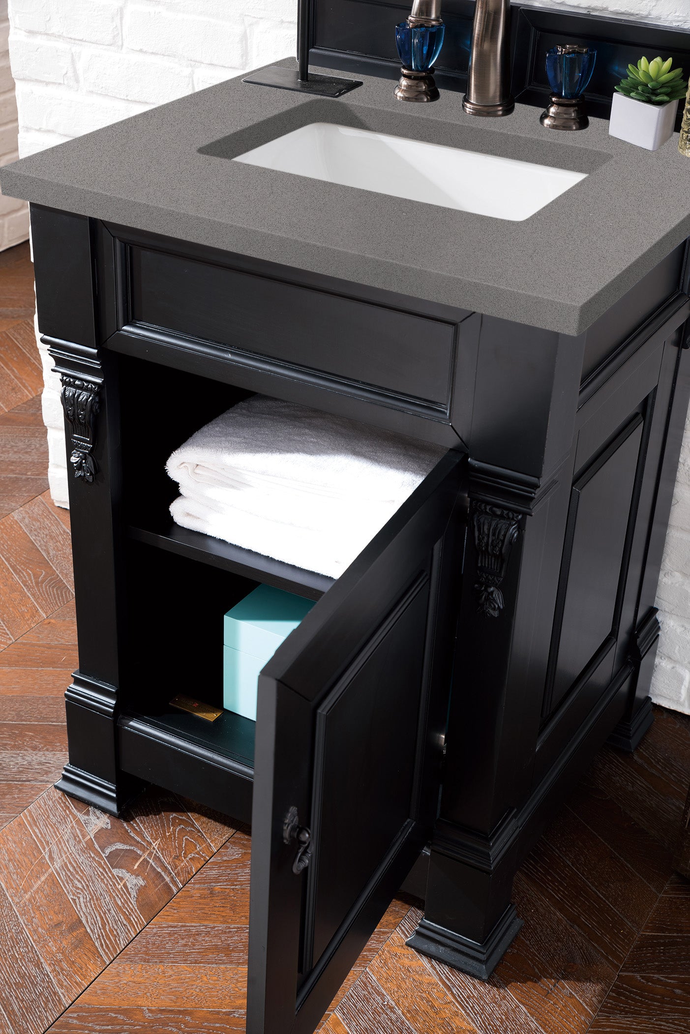 Brookfield 26 Inch Single Bathroom Vanity Set with Antique Black Finish & 3CM Grey Expo Quartz Countertop - Perfect for Modern and Traditional Bathrooms