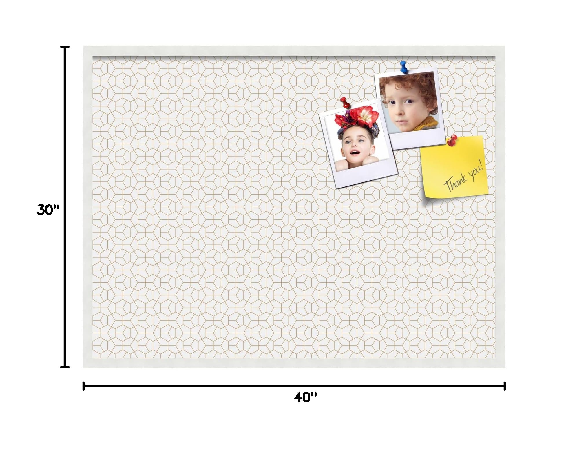 PinPix 40x30 Inch Cork Bulletin Board - Decorative Framed Pin Board with Modern Hex Gold Design & Satin White Frame - Perfect for Home Office Decor, School Classroom, Dorm Room Organization & Wall Memo Board (PinPix-1537)