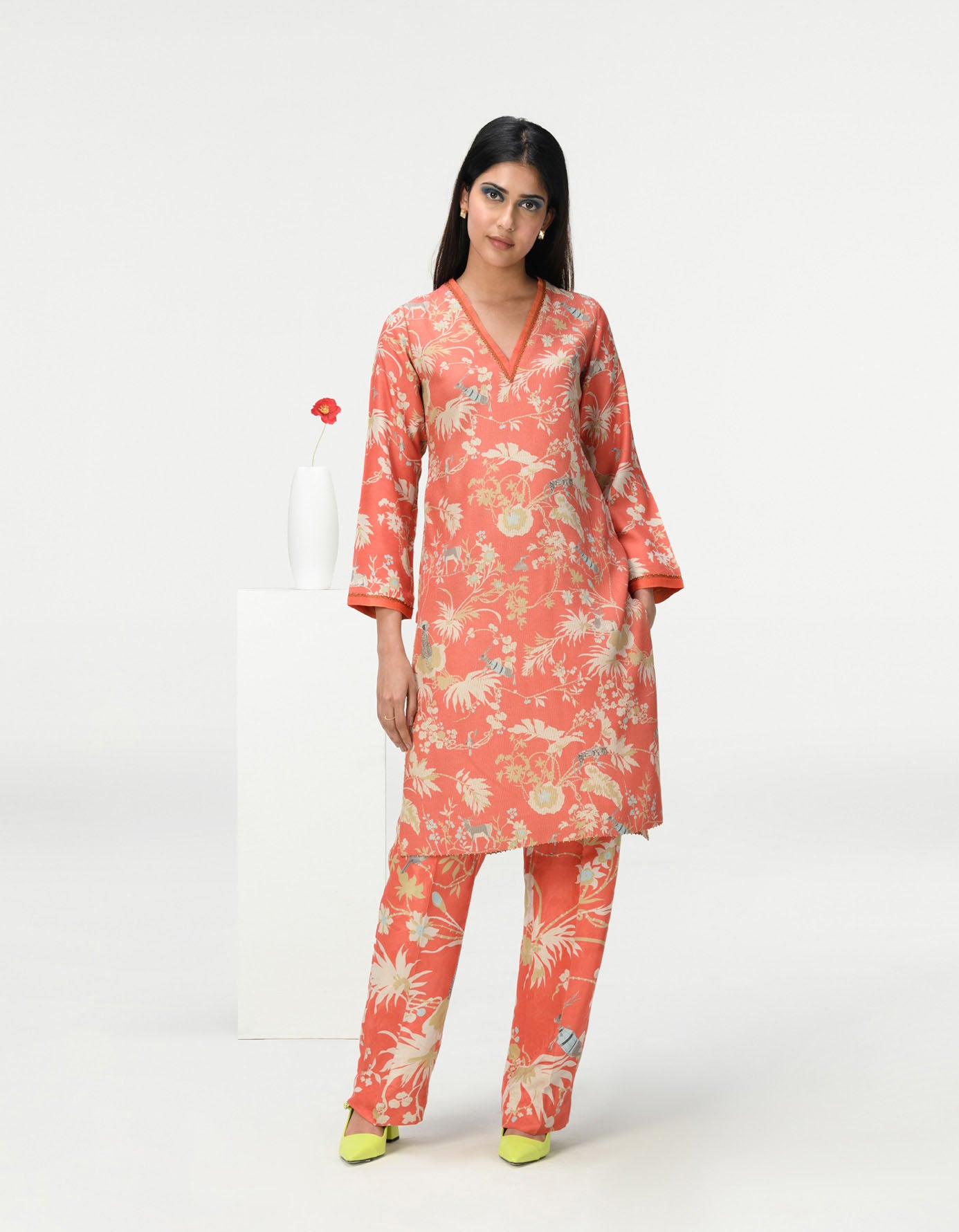 Roshan V Neck Kurta for Women - Muga Satin Coral Ethnic Tunic Top - Perfect for Festivals, Weddings & Cultural Events