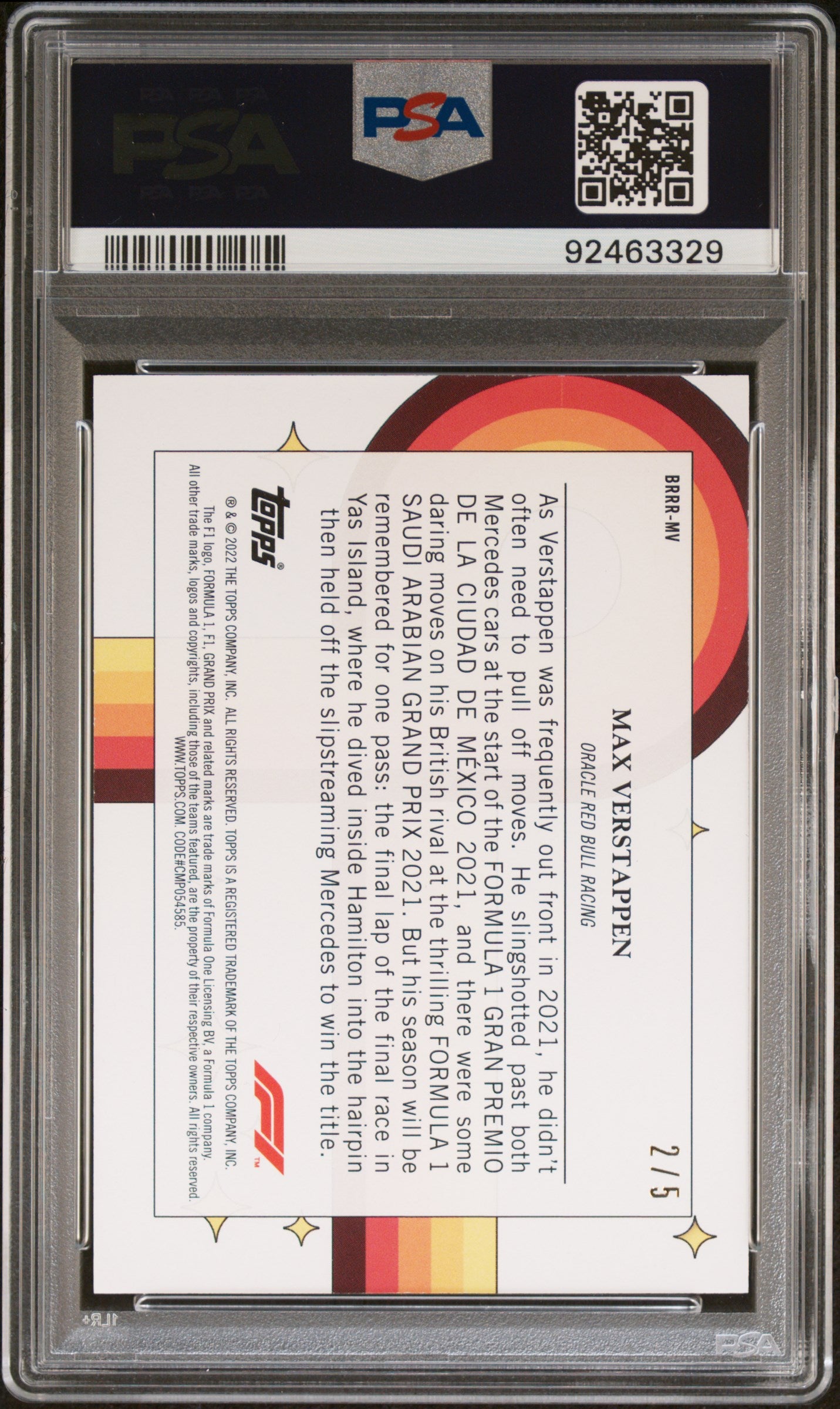 PSA 9 Graded 2022 Topps Formula 1 Max Verstappen #BRRRMV Red Parallel Card - Rare Collectible for F1 Racing Fans & Sports Memorabilia Enthusiasts (Perfect for Display Cases, Trading, and Investment Collections)
