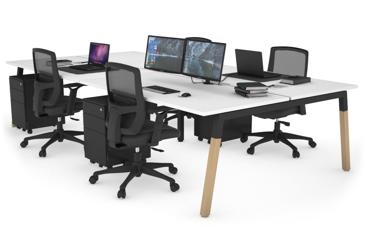 Quadro A Legs 4-Person Office Workstation with Wood Legs & Cross Beam - 1800L x 800W Dimensions with Cable Management Scallop - Perfect for Collaborative Workspaces & Modern Office Desks