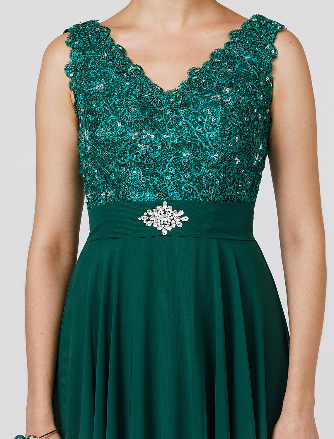 Elegant A-Line Chiffon Wedding Guest Dress - Floor Length, Sleeveless V-Neck with V-Back, Beaded Sash Ribbon | Perfect for Formal Events, Bridal Showers, and Evening Parties