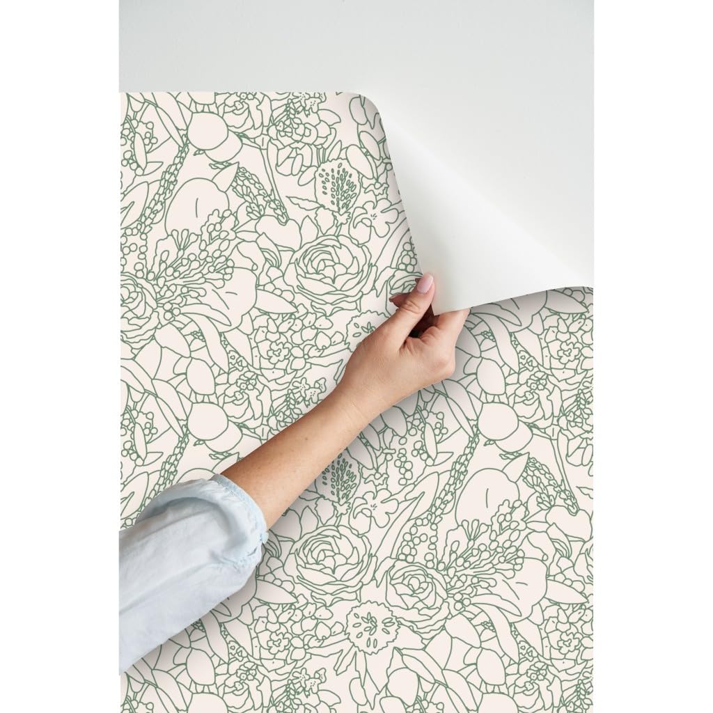 12ft x 2ft Peel & Stick Removable Wallpaper - Floral Botanical Sage Green Leaf Design by Spoonflower | Perfect for Bedroom, Living Room & Nursery Decor
