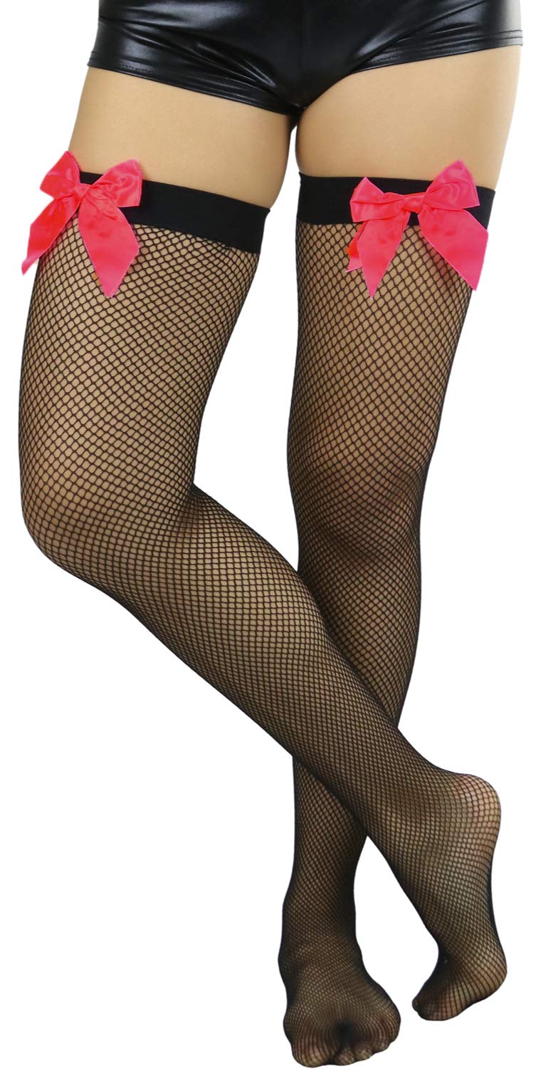 ToBeInStyle Women's Sexy Fishnet Thigh High Stockings with Satin Bow - Perfect for Date Night, Cosplay & Boudoir Photography