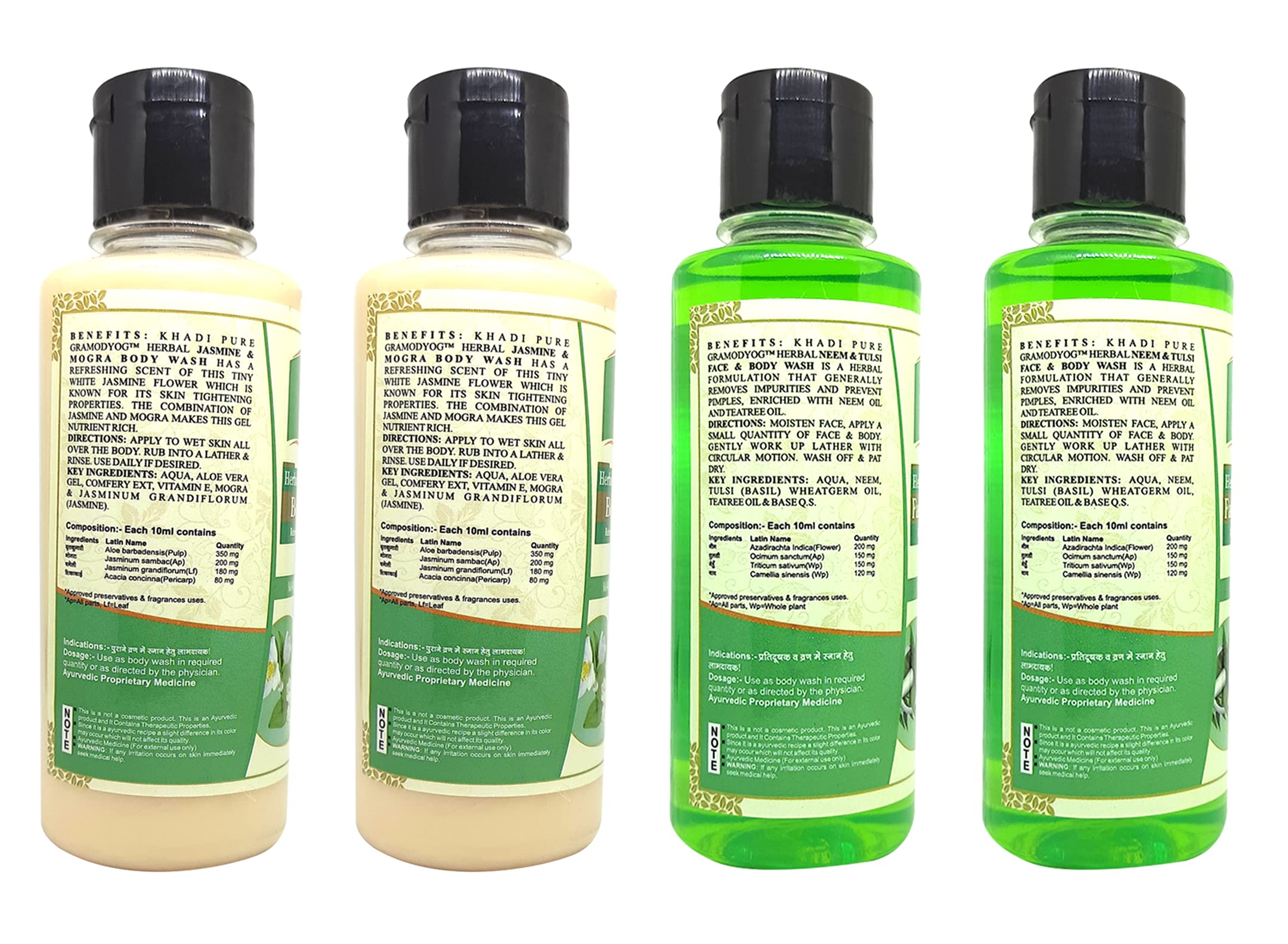 Khadi Pure Jasmine Mogra & Neem Tulsi Body Wash - 210ml (Pack of 4) | Natural Ayurvedic Herbal Body Cleanser for Soft & Glowing Skin | Perfect for Daily Shower & Spa Relaxation at Home