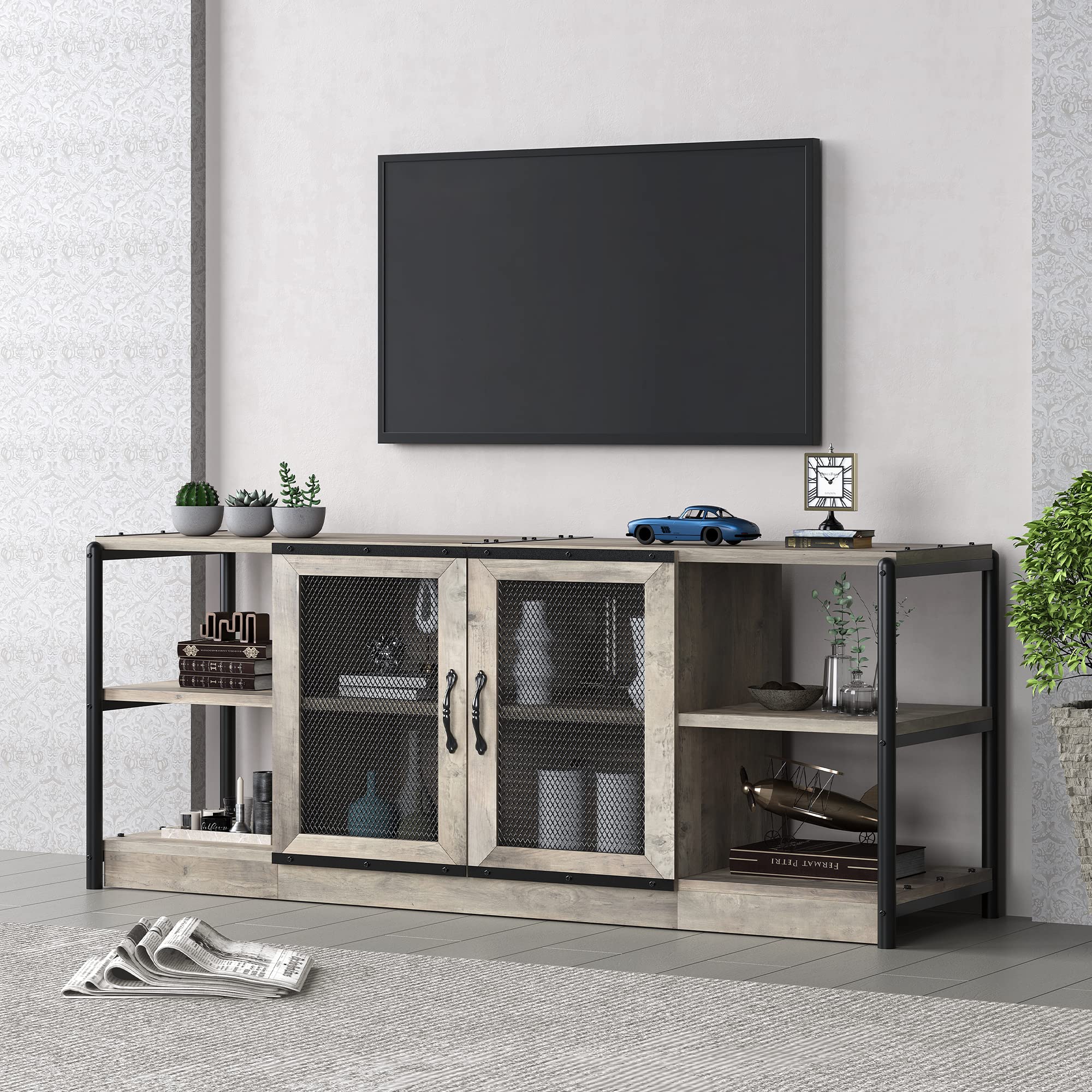 IDEALHOUSE 65 Inch TV Stand with Storage Cabinet - Farmhouse Style Entertainment Center with Mesh Doors, Industrial TV Media Console for Living Room - Rustic Grey Home Theater Furniture for Movie Nights & Family Gatherings
