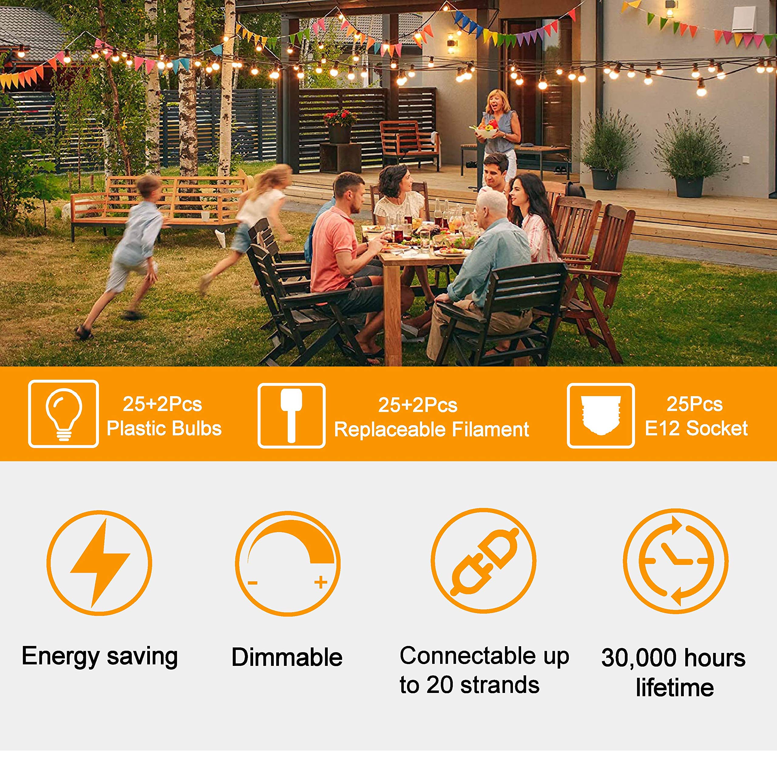 ZOTOYI 50FT Outdoor String Lights with 27 LED ST38 Edison Bulbs (2 Spare Included) - IP65 Waterproof Dimmable 2700K Warm White Patio Lights for Garden, Backyard, Cafe, Porch, Gazebo - Perfect for Romantic Evenings, Outdoor Dining & Party Decorations