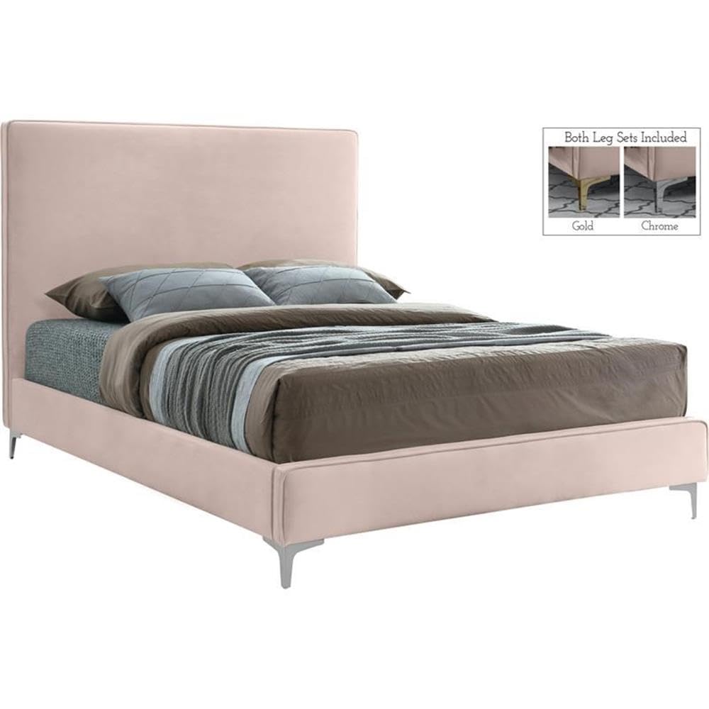 Modern Velvet Upholstered Bed with Gold/Chrome Headboard - Meridian Furniture Geri Collection Full Size Pink Bed for Luxurious Bedroom Decor | Contemporary Bedroom Furniture for Master & Guest Rooms