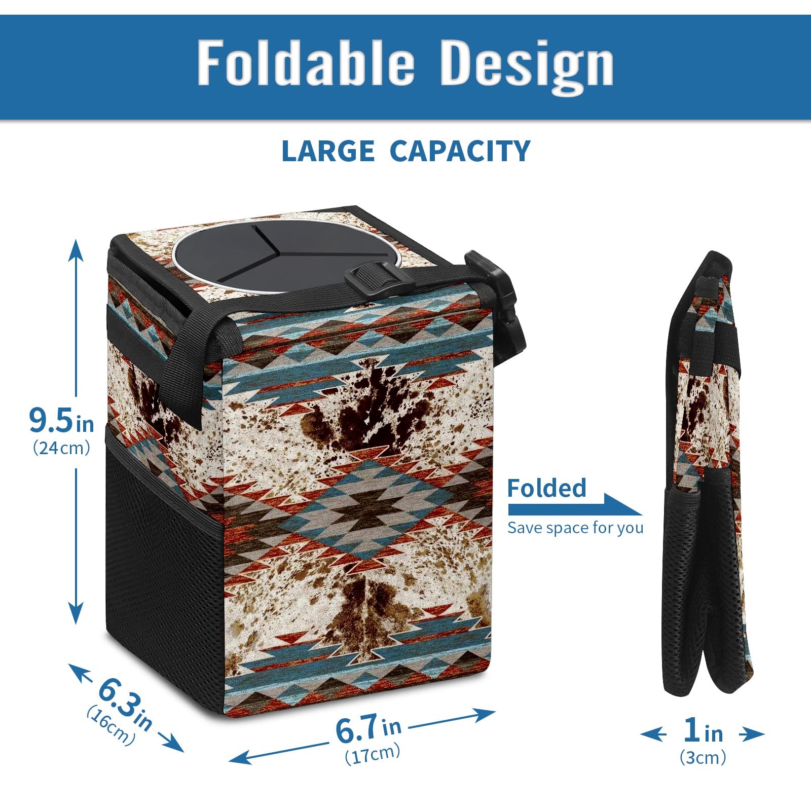 Western Aztec Cow Print Collapsible Car Trash Can with Lid - Reusable Waterproof Auto Garbage Bag for Car, Truck & SUV - Perfect for Road Trips, Commuting & Travel Accessories