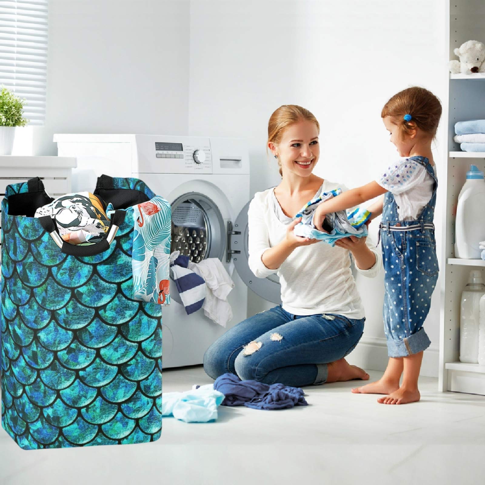 Visesunny Blue Mermaid Scale Laundry Hamper - Large Capacity Water-Resistant Oxford Cloth Storage Basket for Bedroom, Bathroom, Dorm & Kids Room | Perfect for Organizing Clothes, Toys & Home Essentials