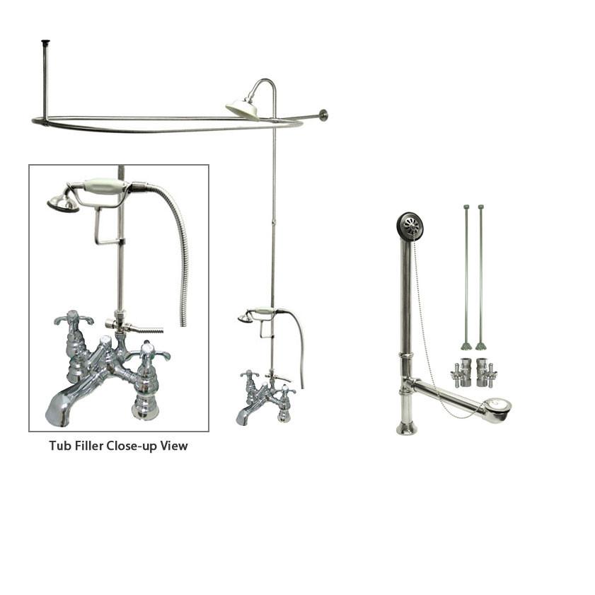 Vintage Chrome Clawfoot Bathtub Faucet with Shower Kit & Enclosure Curtain Rod - 1158T1CTS - Perfect for Antique Bathroom Renovations & Spa-Like Showers