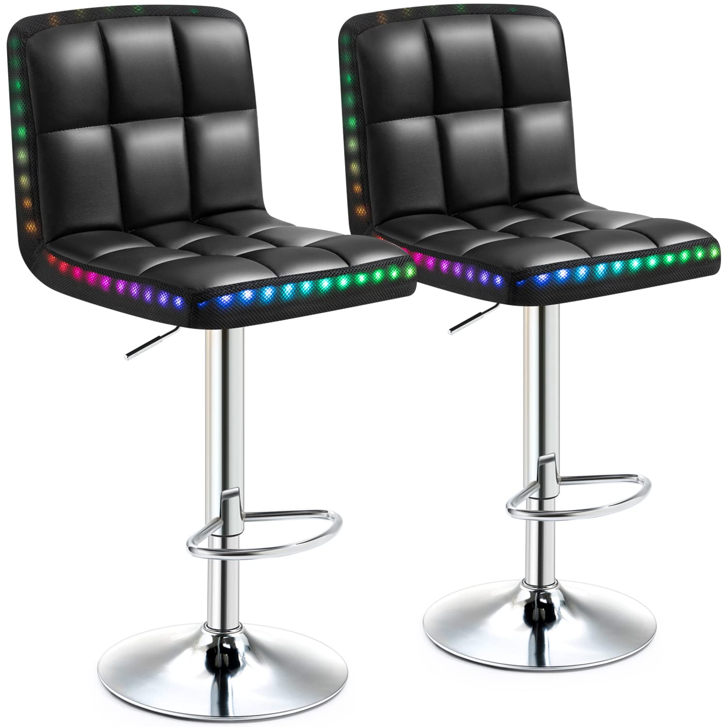 YASHFU 2-Pack Adjustable Swivel LED Bar Stools with Back - Modern PU Leather Counter Height Stools for Kitchen Island, Bar & Dining Room - Perfect for Entertaining & Small Spaces - Black