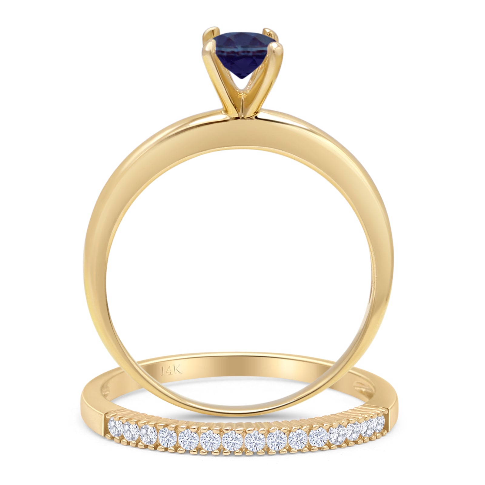 14K Yellow Gold Two-Piece Round Lab Alexandrite Half Eternity Wedding Band Set - Perfect for Bridal Jewelry, Anniversary Gifts & Special Occasions
