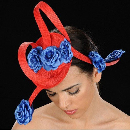 Elegant Red Straw with Royal Blue Satin Flowers - F6014 Wedding, Party, and Home Decoration Accessories